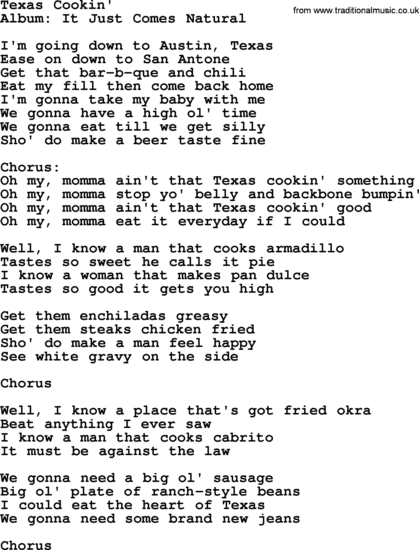 George Strait song: Texas Cookin', lyrics