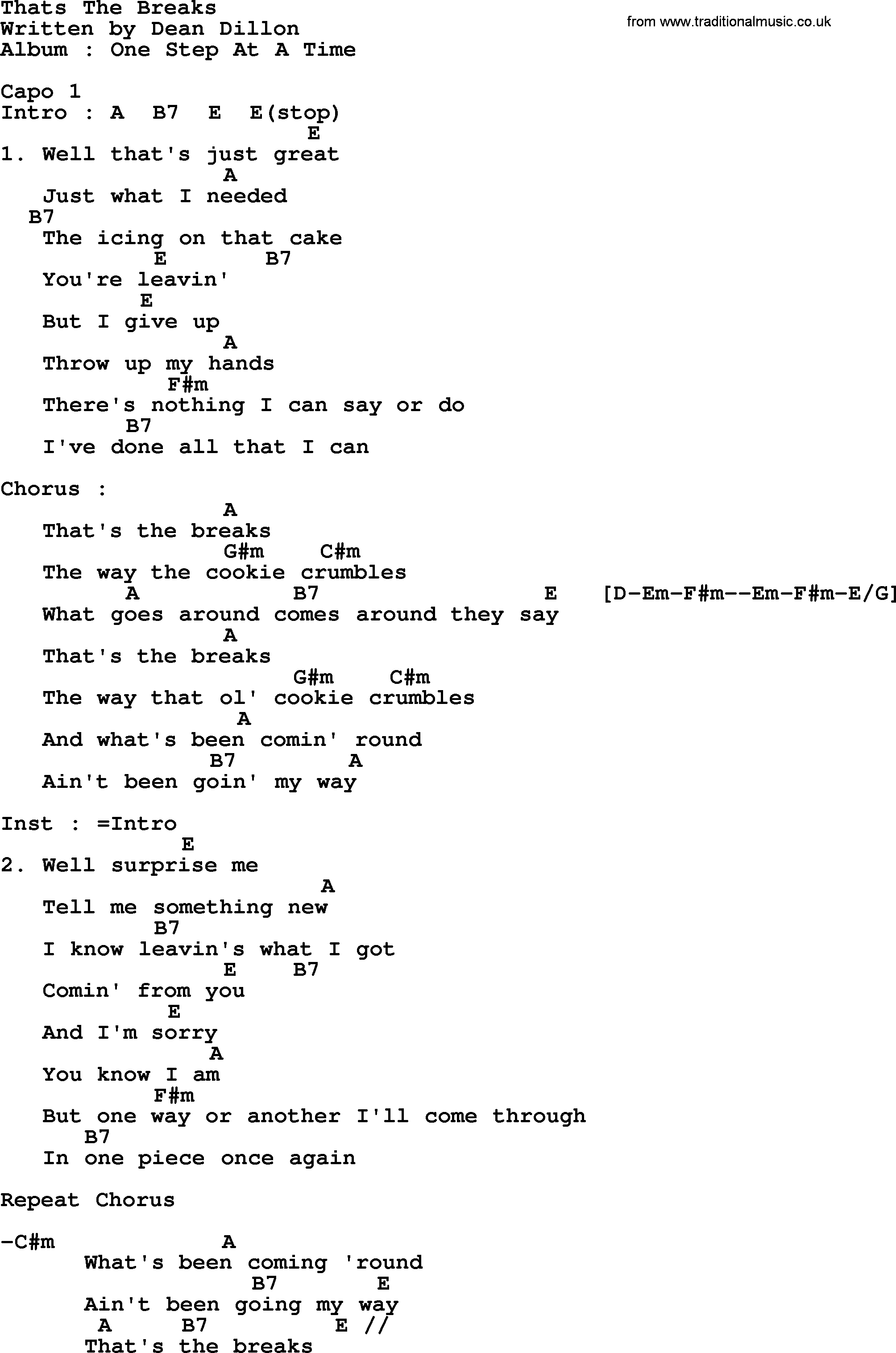 George Strait song: Thats The Breaks, lyrics and chords