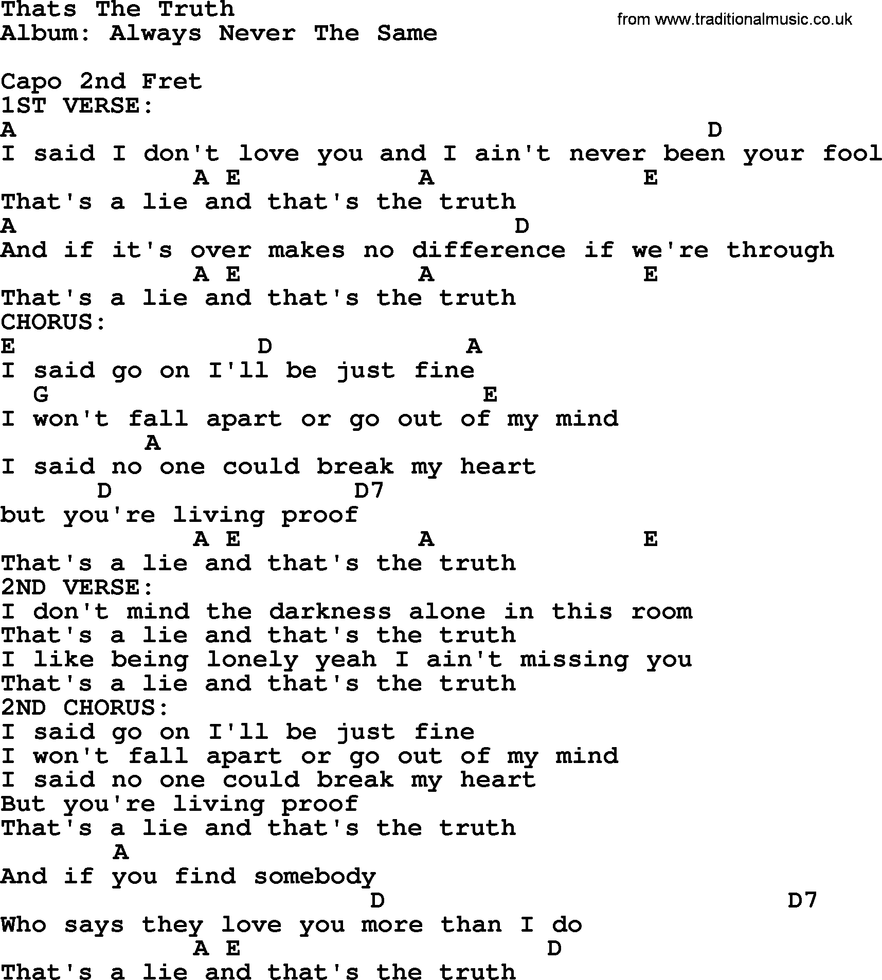 George Strait song: Thats The Truth, lyrics and chords