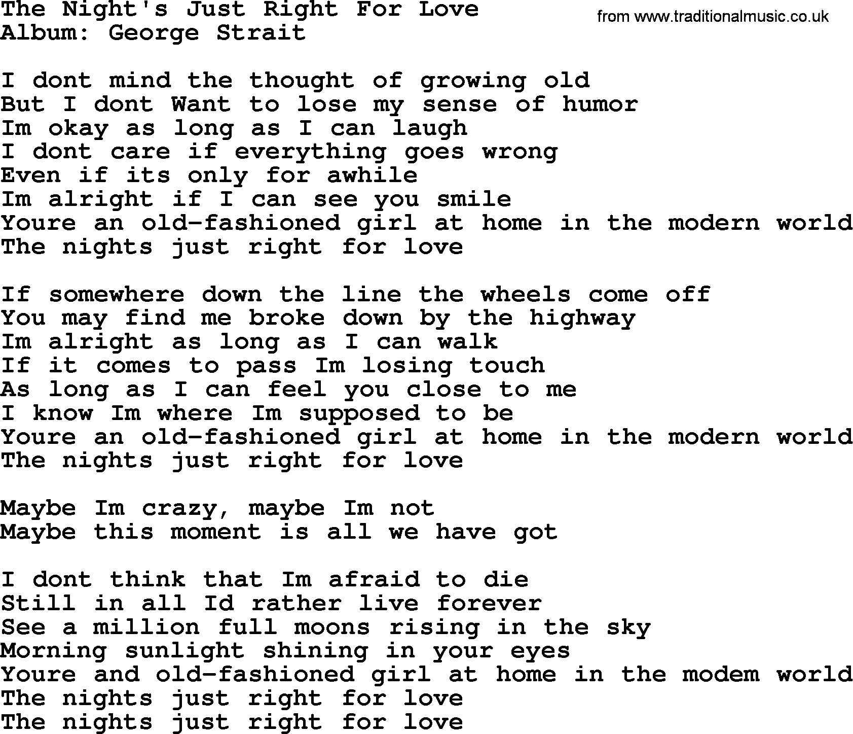 George Strait song: The Night's Just Right For Love, lyrics