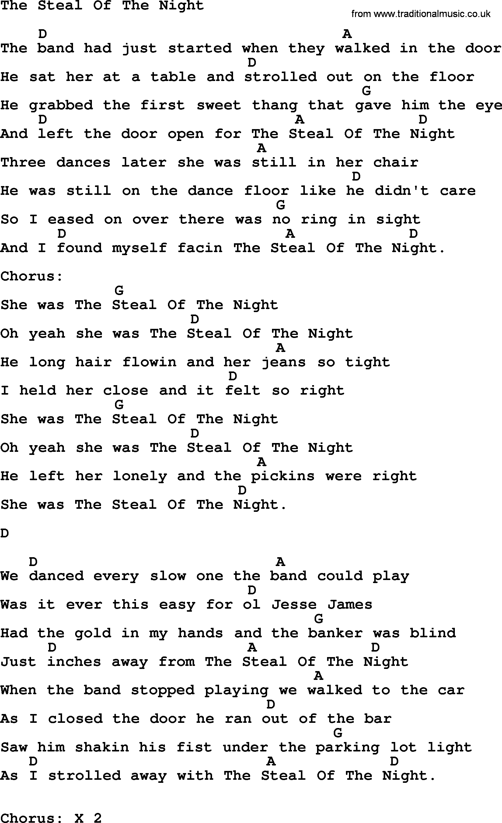 George Strait song: The Steal Of The Night, lyrics and chords
