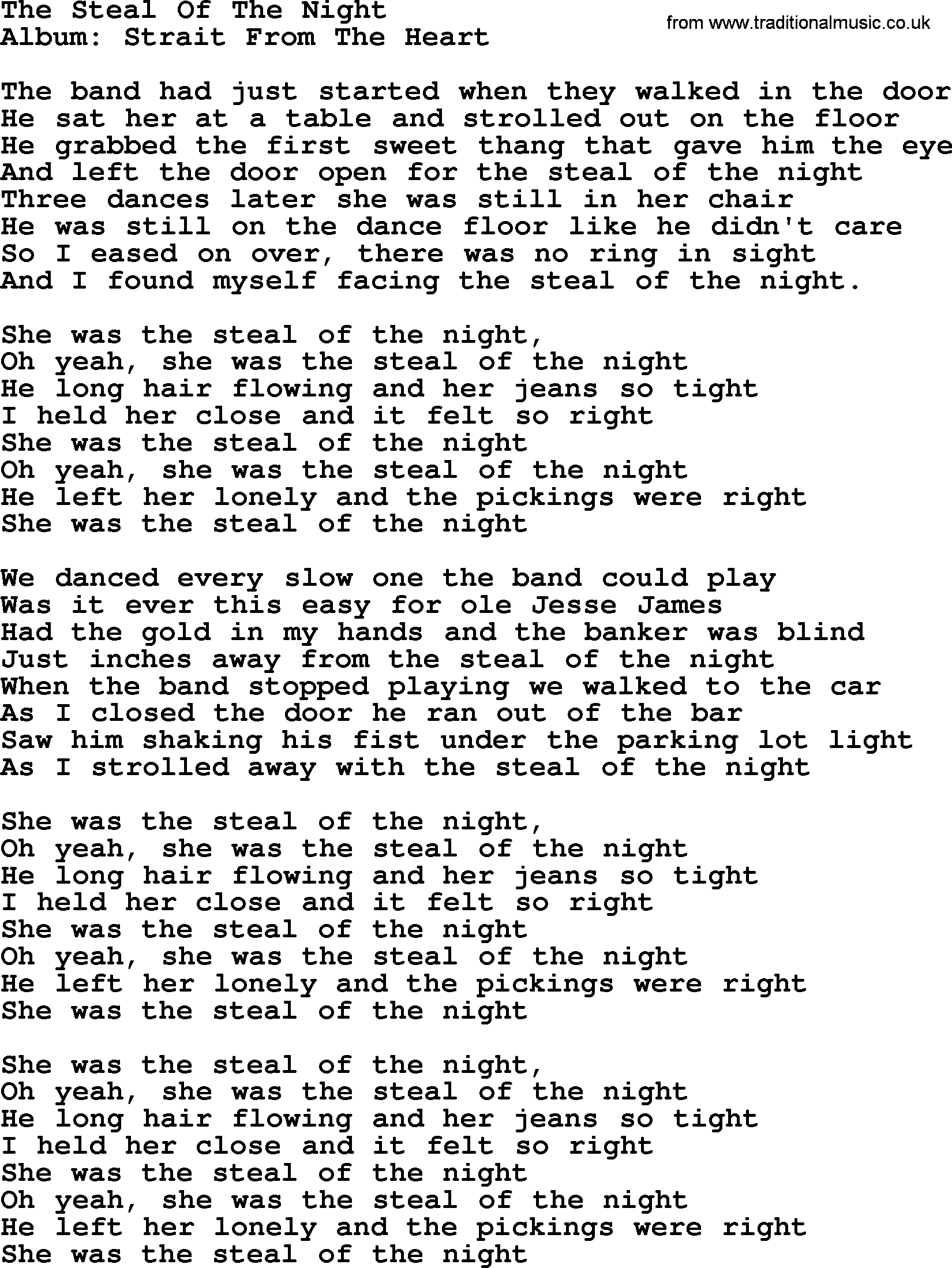 George Strait song: The Steal Of The Night, lyrics