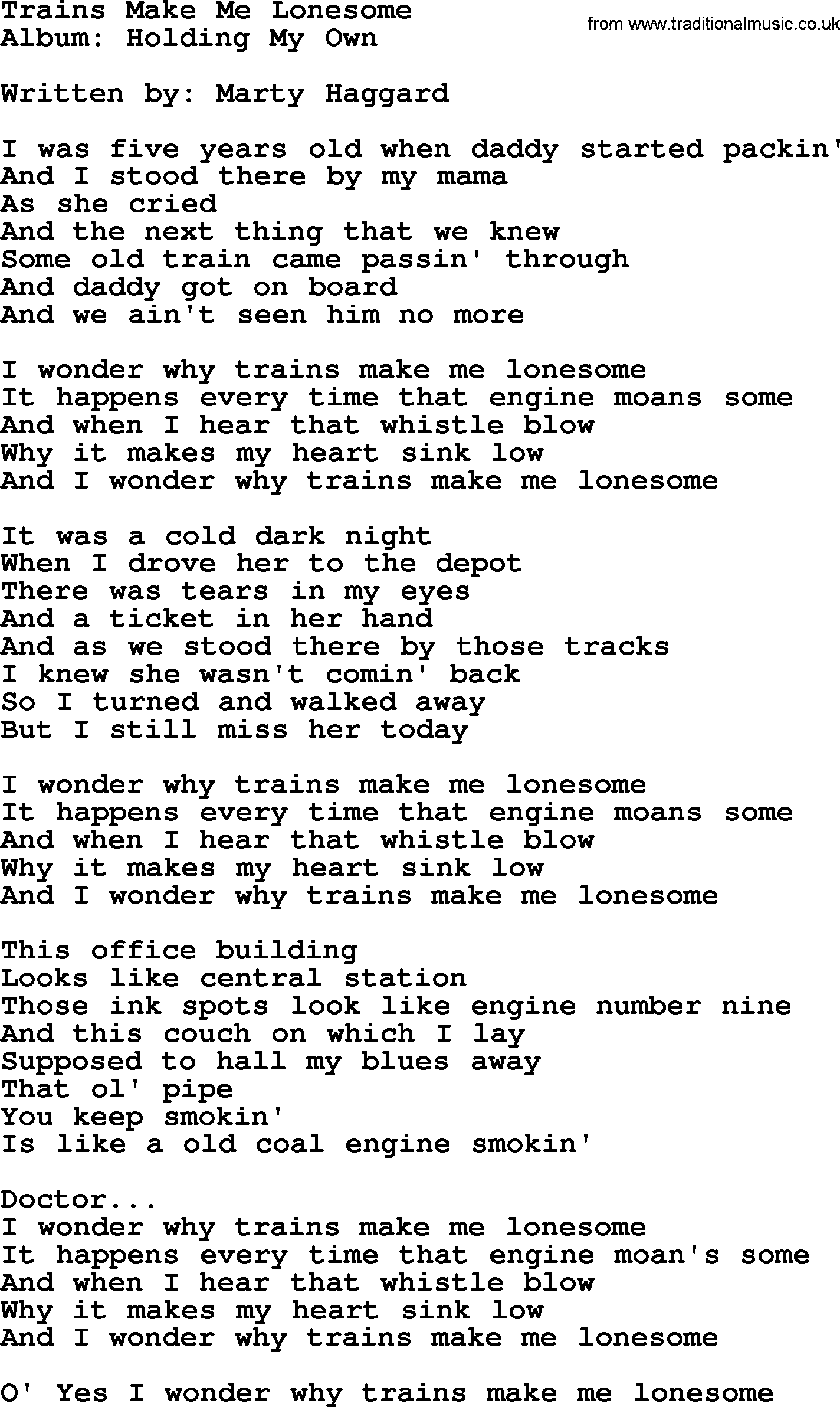 George Strait song: Trains Make Me Lonesome, lyrics