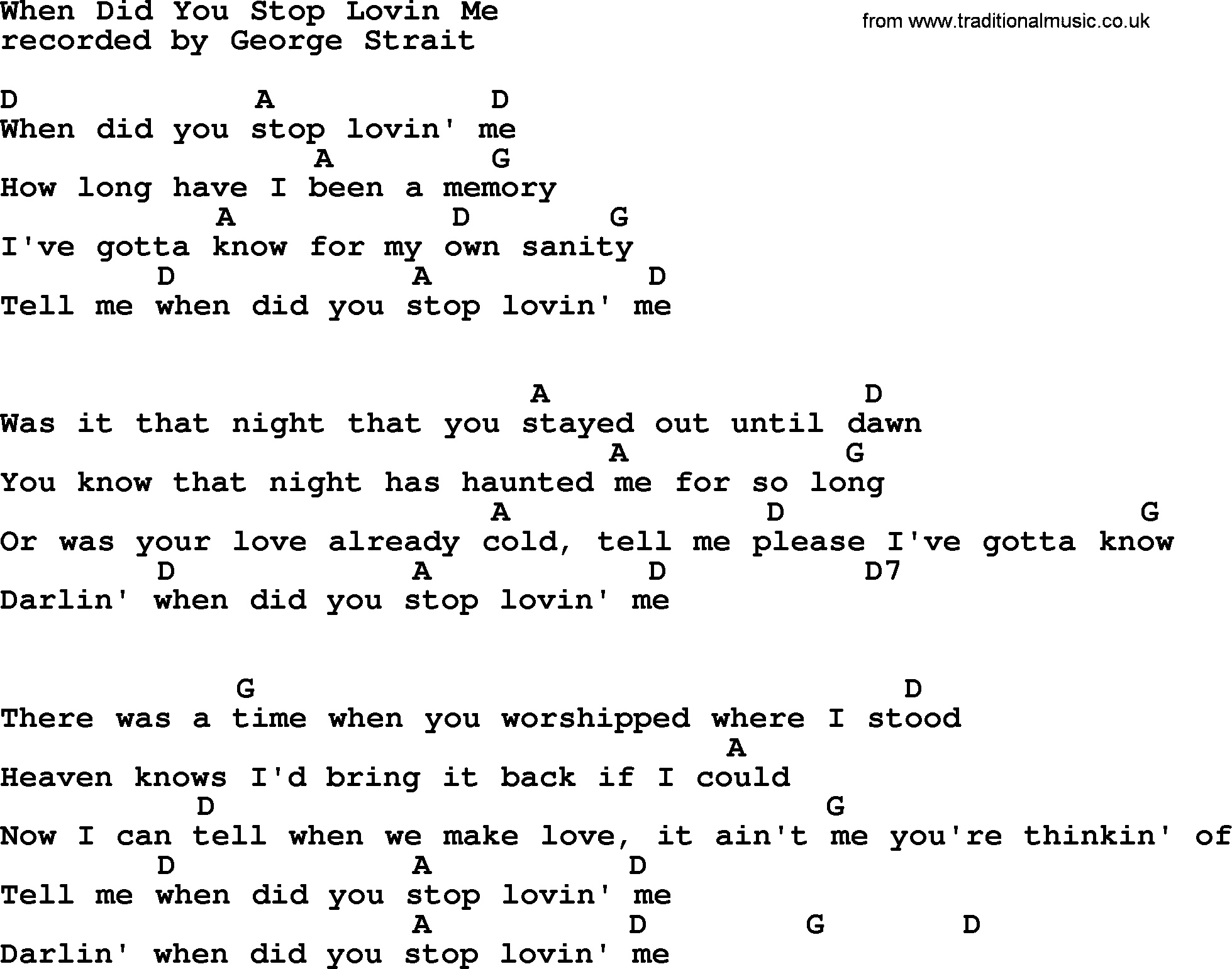 George Strait song: When Did You Stop Lovin Me, lyrics and chords