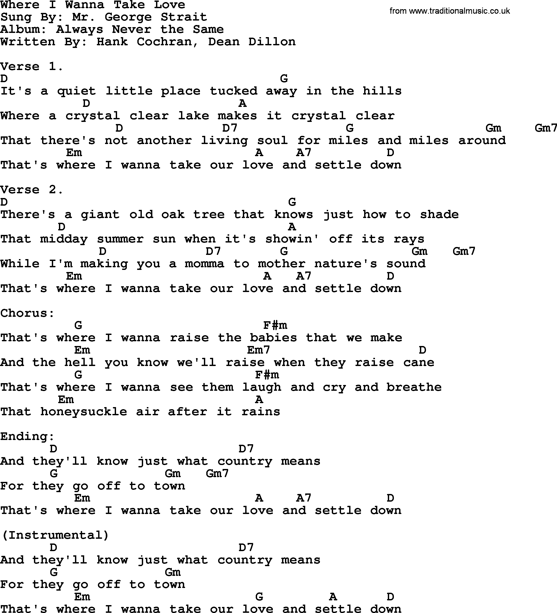 George Strait song: Where I Wanna Take Love, lyrics and chords