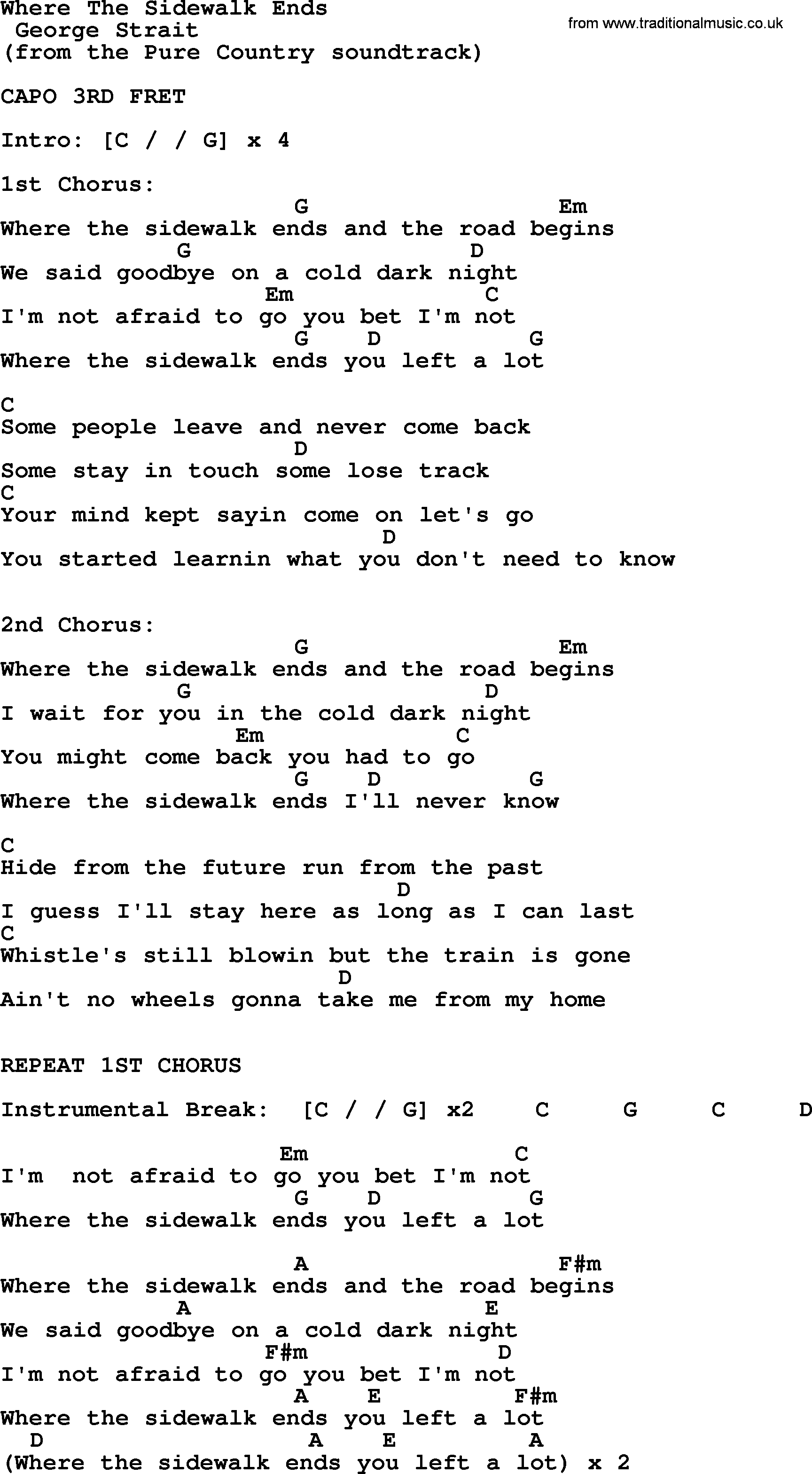 George Strait song: Where The Sidewalk Ends, lyrics and chords