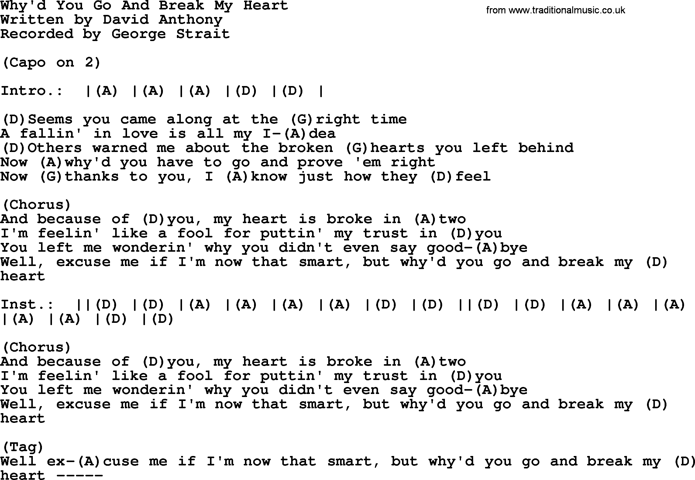 George Strait song: Why'd You Go And Break My Heart, lyrics and chords