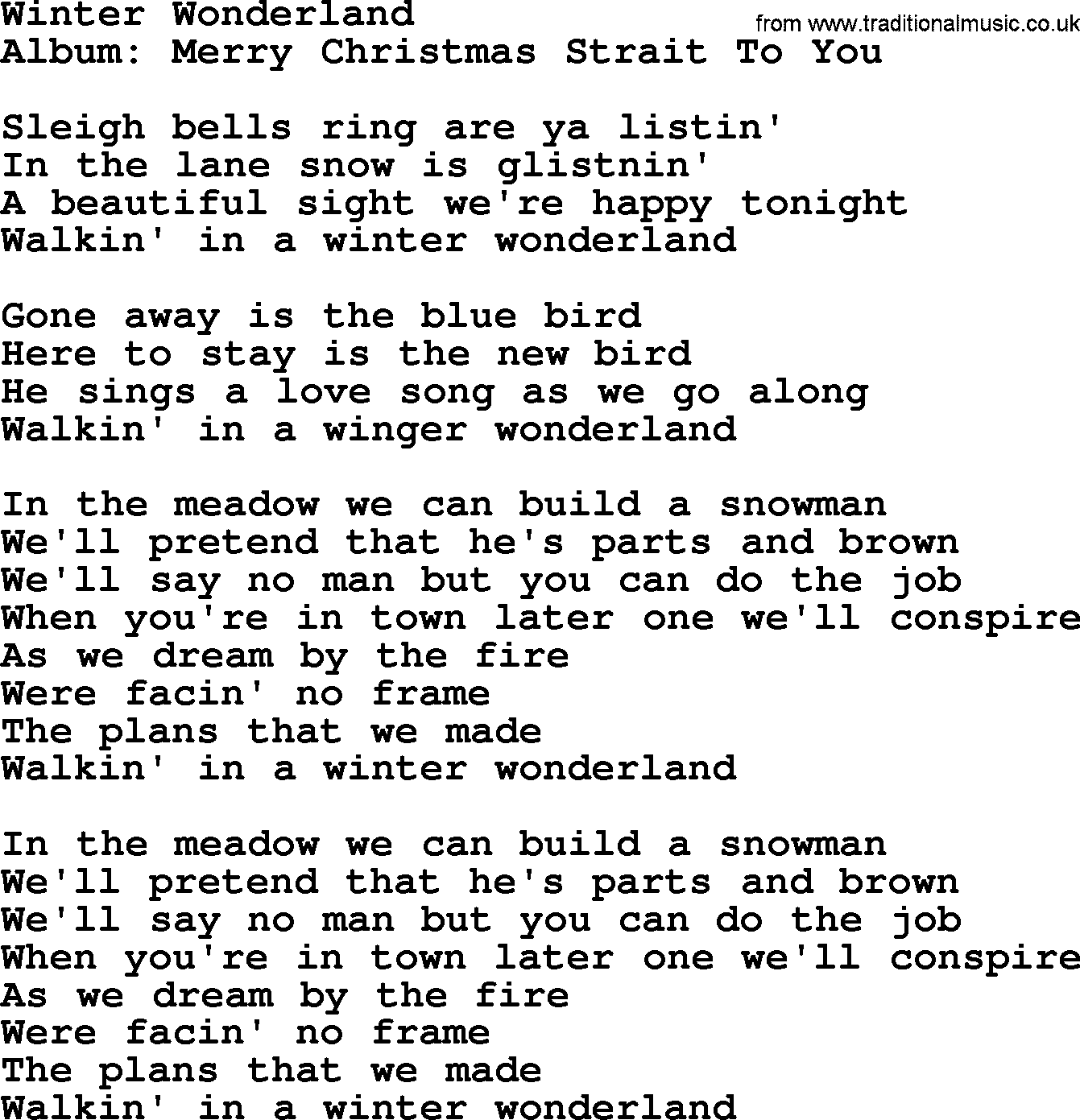 George Strait song: Winter Wonderland, lyrics