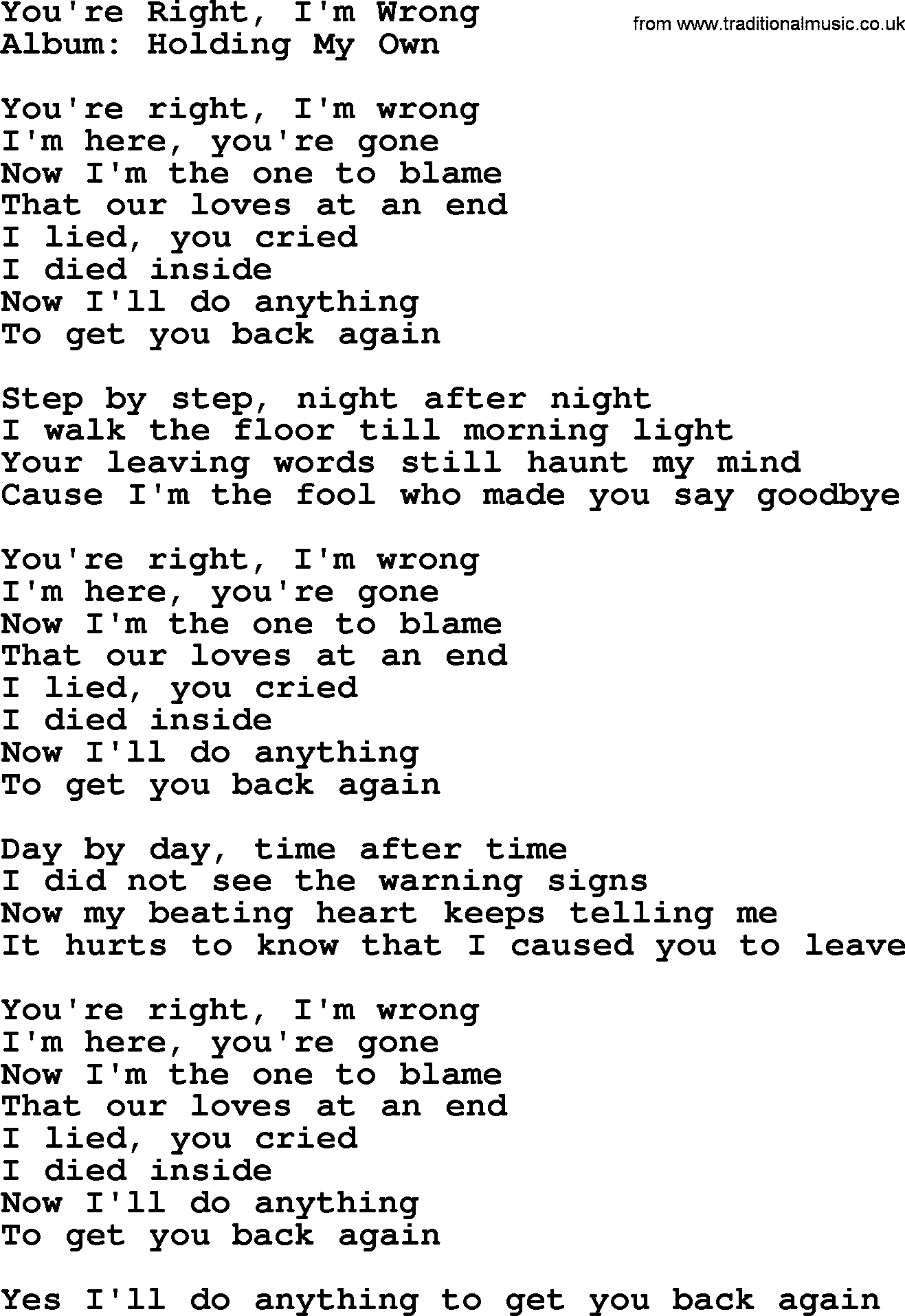 George Strait song: You're Right, I'm Wrong, lyrics