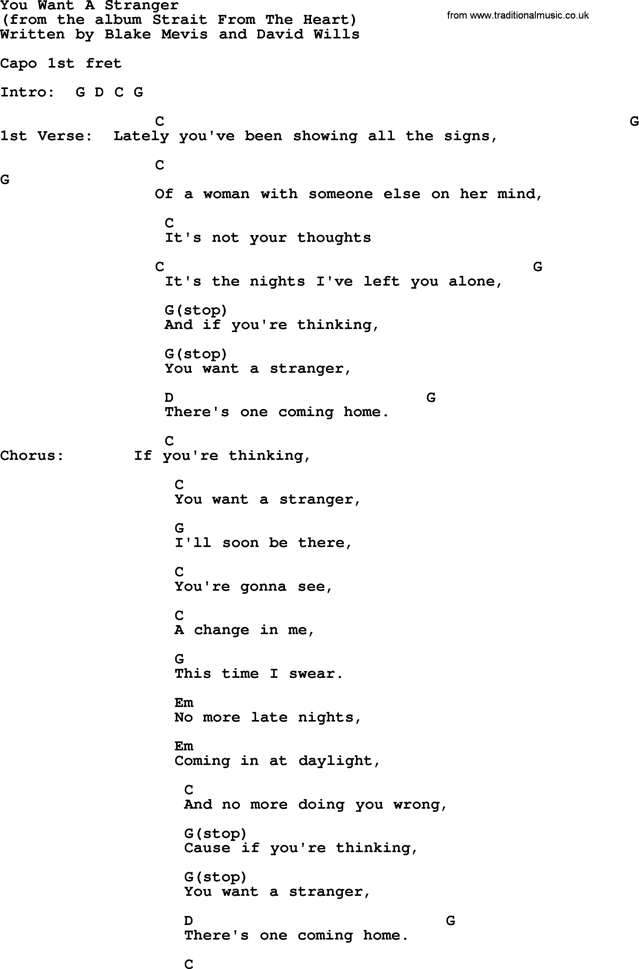 George Strait song: You Want A Stranger, lyrics and chords