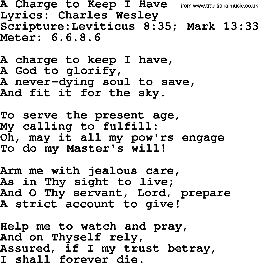 Hymns about  Angels, Hymn: A Charge to Keep I Have, lyrics, sheet music, midi & Mp3 music with PDF