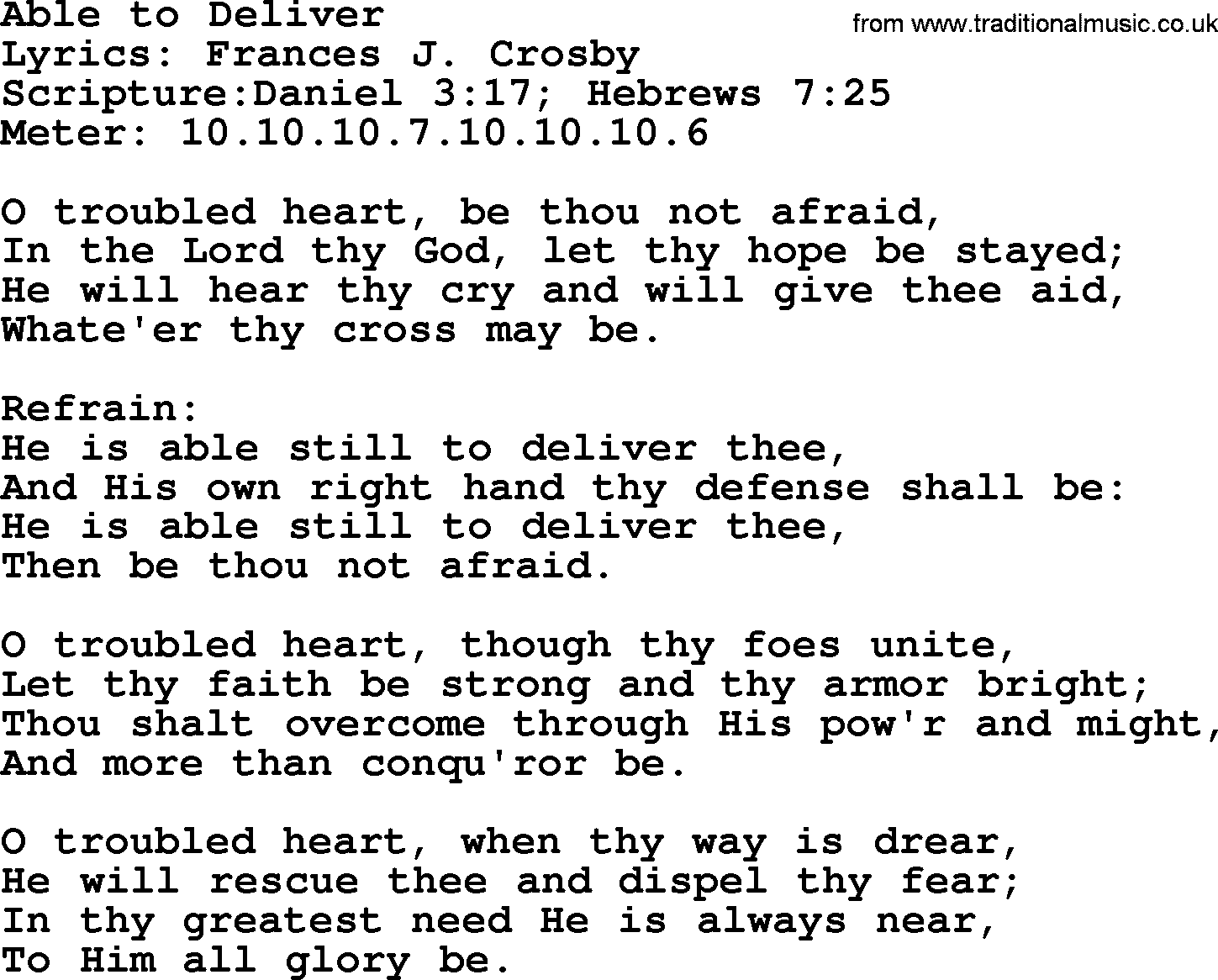 Hymns about  Angels, Hymn: Able to Deliver, lyrics, sheet music, midi & Mp3 music with PDF