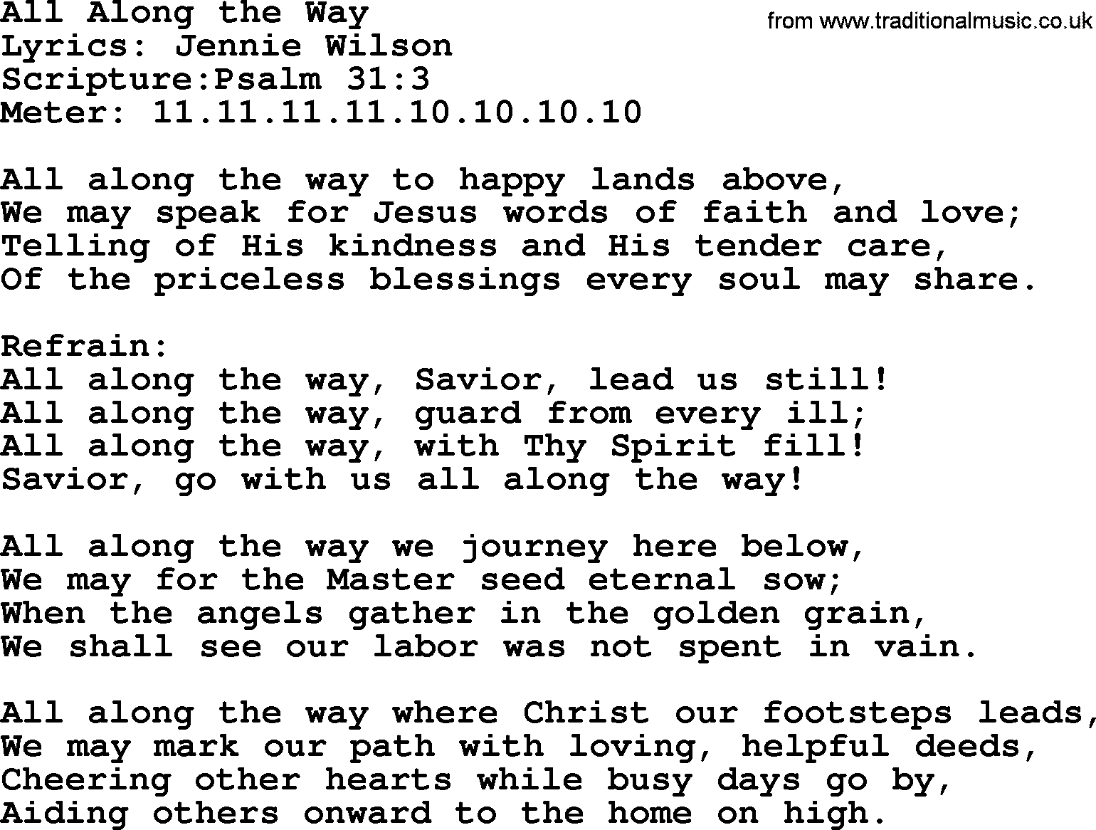 Hymns about  Angels, Hymn: All Along the Way, lyrics, sheet music, midi & Mp3 music with PDF