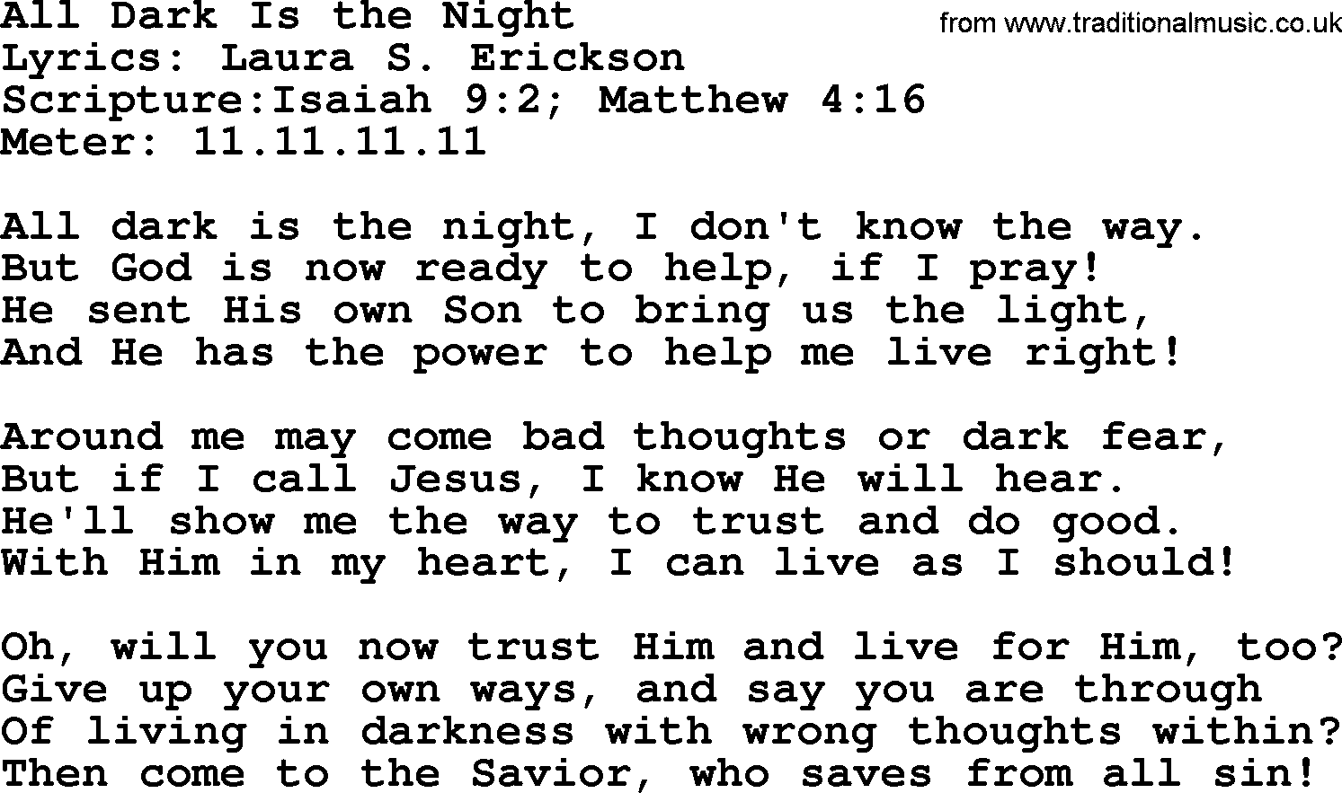Hymns about  Angels, Hymn: All Dark Is the Night, lyrics, sheet music, midi & Mp3 music with PDF