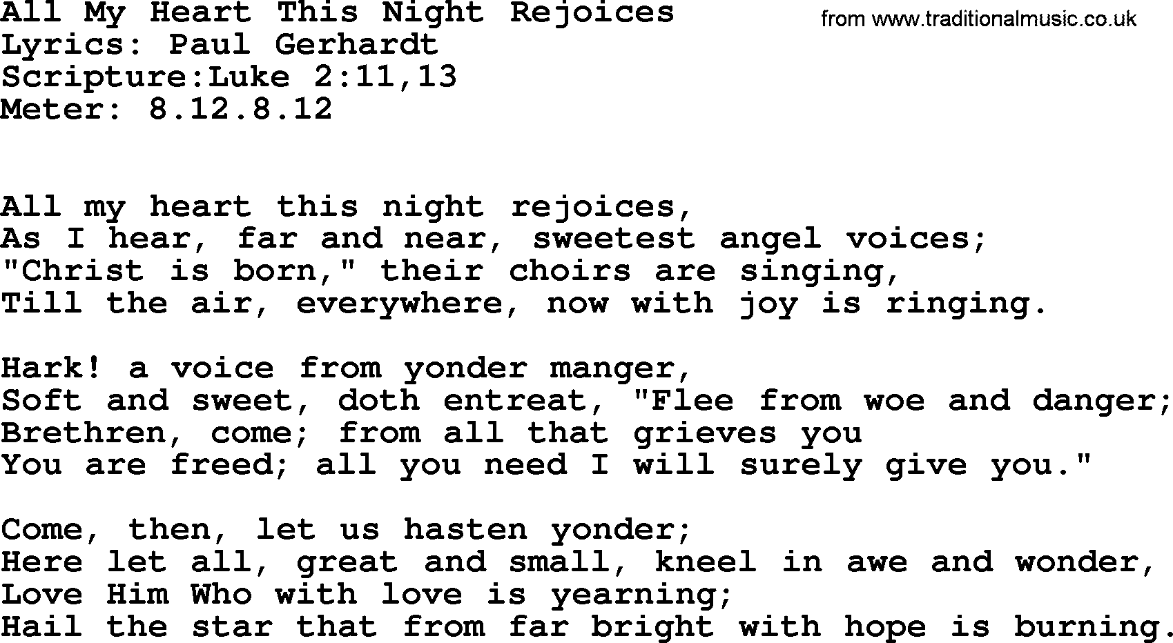 Hymns about  Angels, Hymn: All My Heart This Night Rejoices, lyrics, sheet music, midi & Mp3 music with PDF