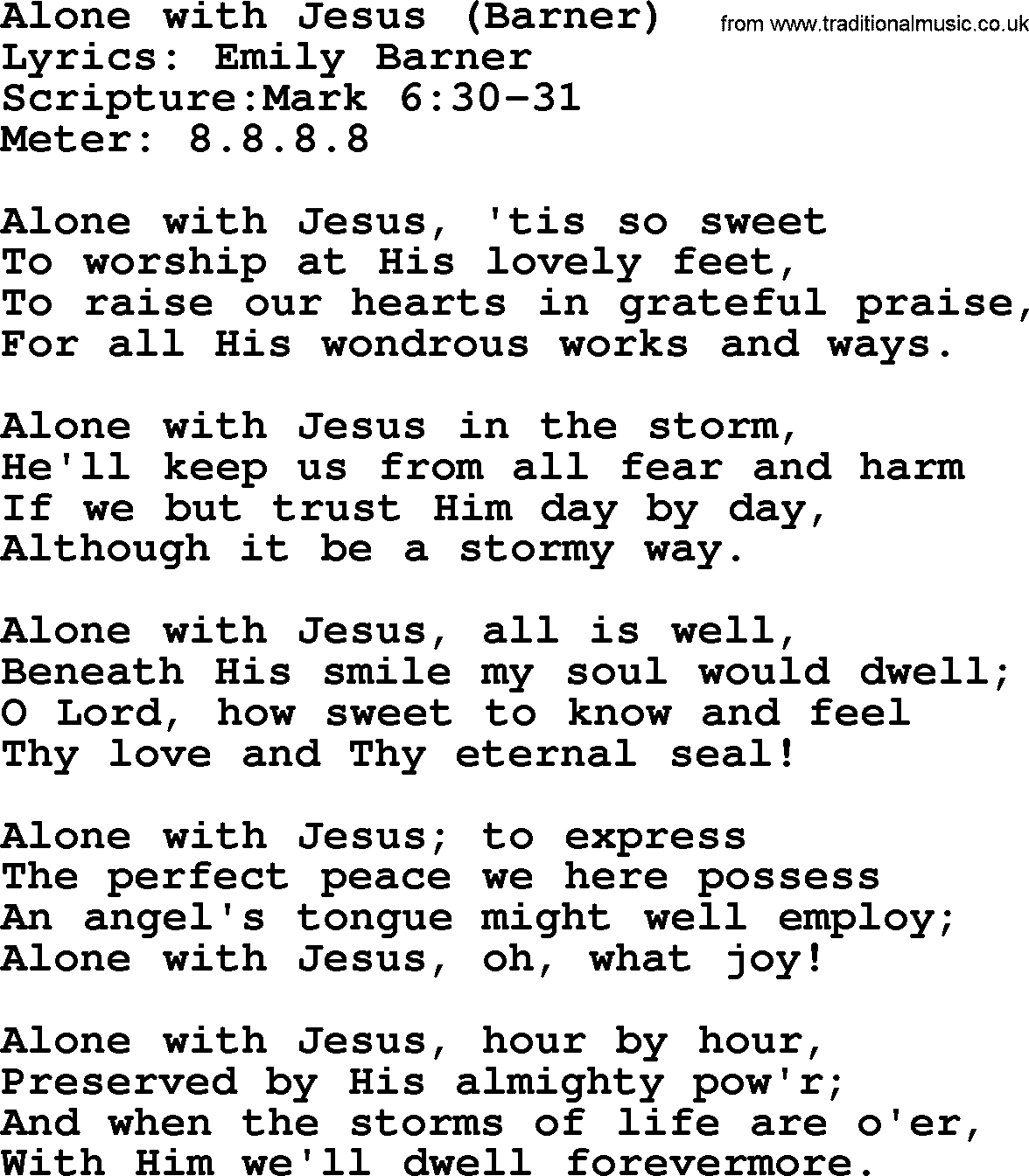 Hymns about  Angels, Hymn: Alone with Jesus (Barner), lyrics, sheet music, midi & Mp3 music with PDF