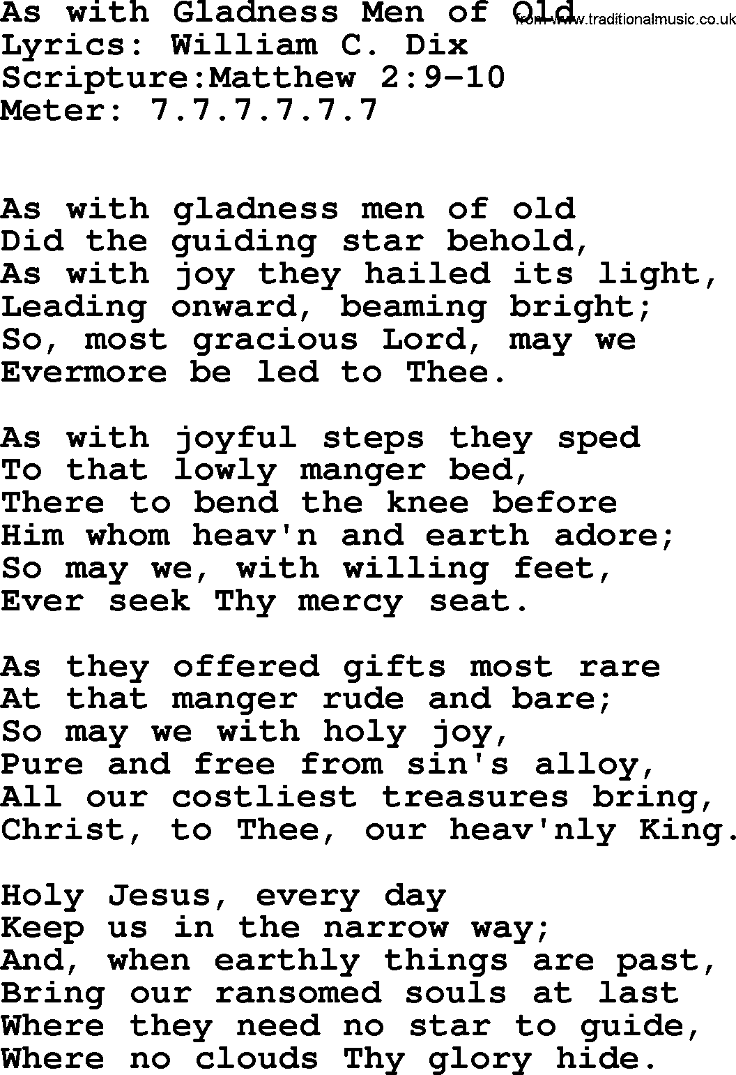 Hymns about  Angels, Hymn: As with Gladness Men of Old, lyrics, sheet music, midi & Mp3 music with PDF