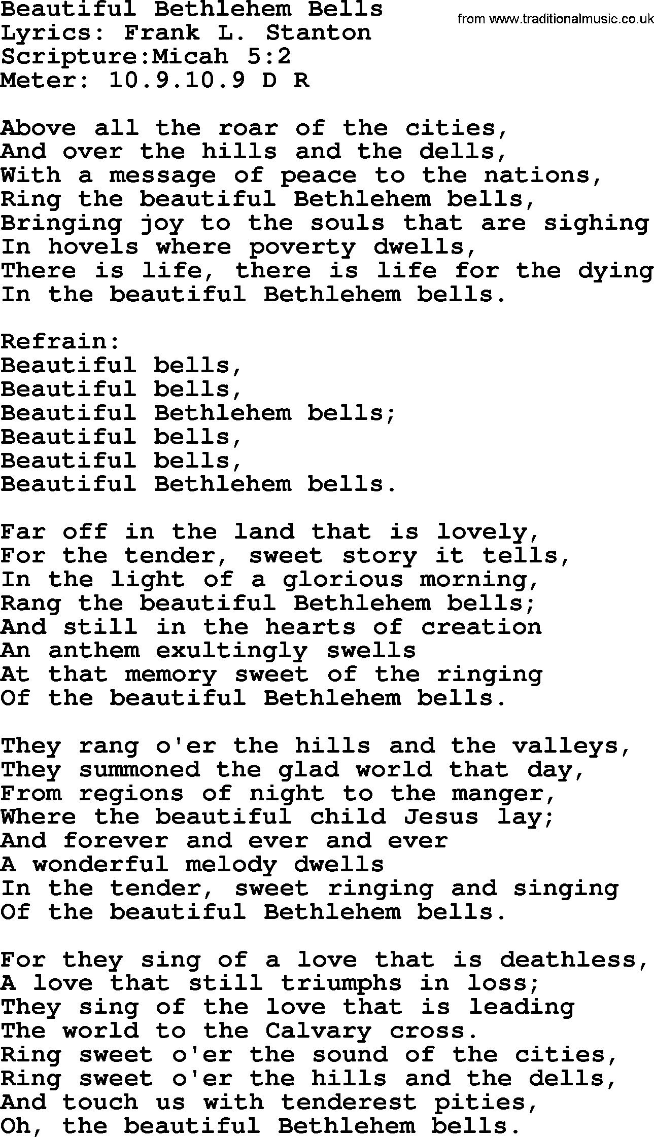 Hymns about  Angels, Hymn: Beautiful Bethlehem Bells, lyrics, sheet music, midi & Mp3 music with PDF