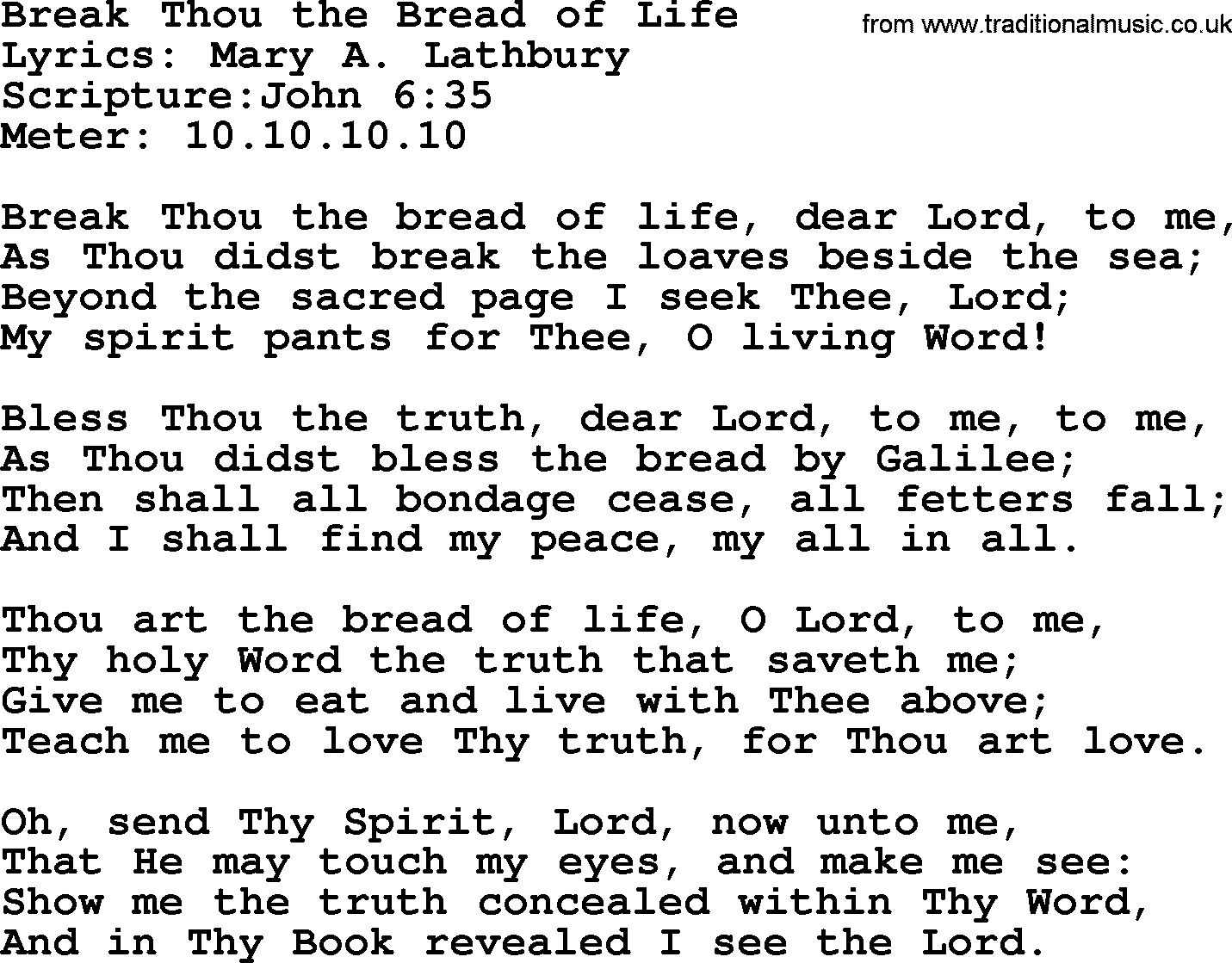 Hymns about  Angels, Hymn: Break Thou the Bread of Life, lyrics, sheet music, midi & Mp3 music with PDF