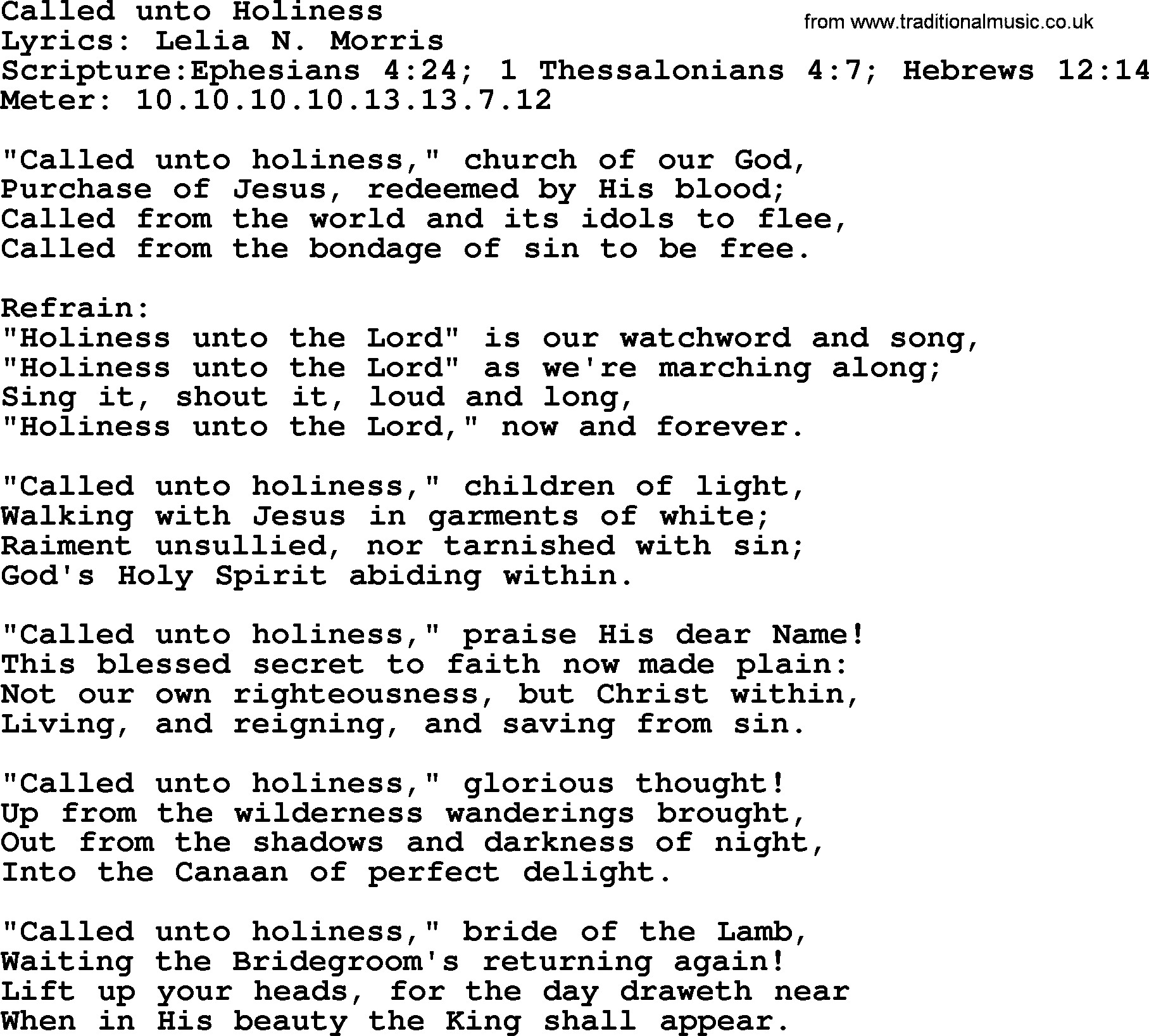 Hymns about  Angels, Hymn: Called unto Holiness, lyrics, sheet music, midi & Mp3 music with PDF