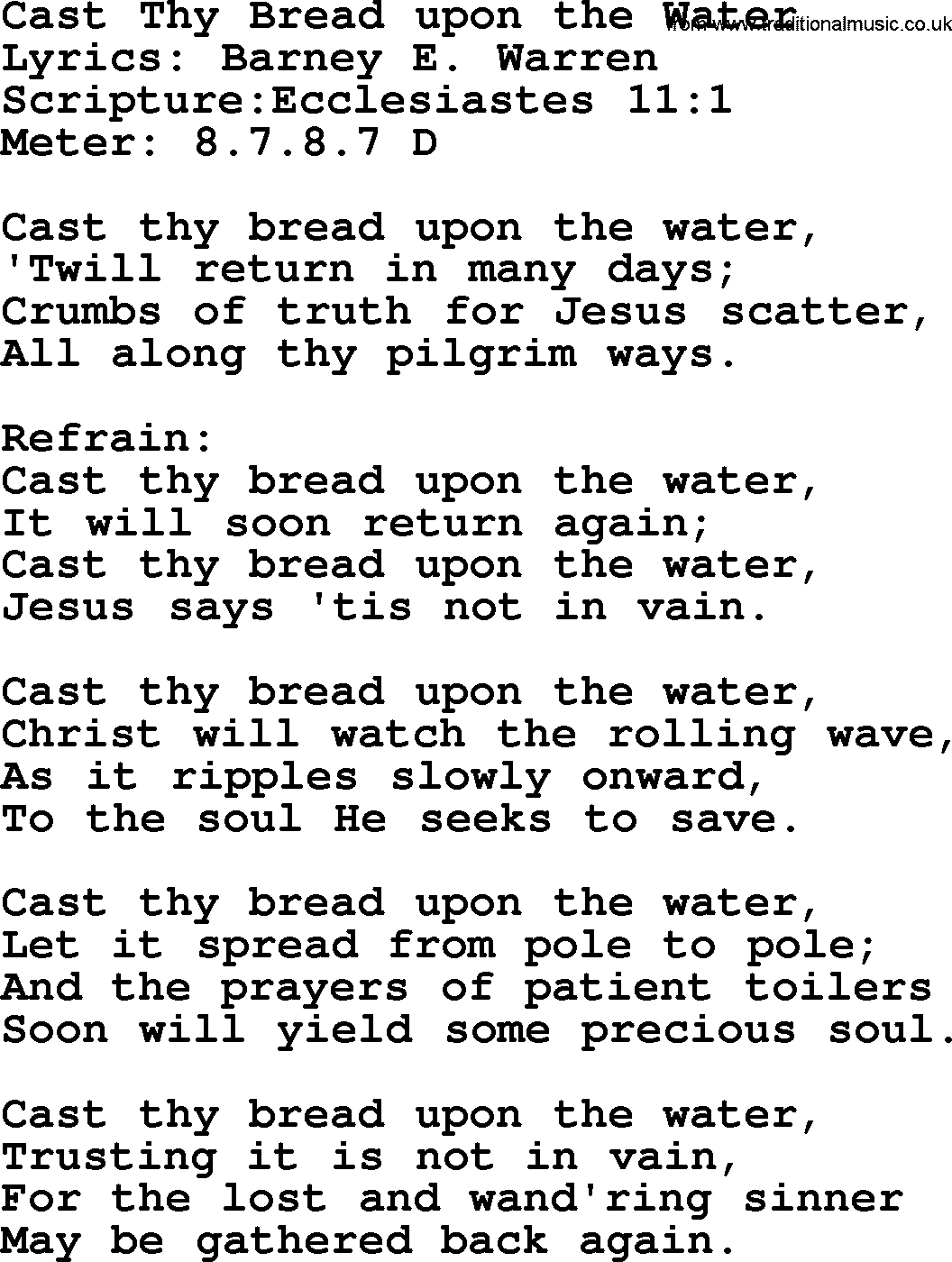 Hymns about  Angels, Hymn: Cast Thy Bread upon the Water, lyrics, sheet music, midi & Mp3 music with PDF