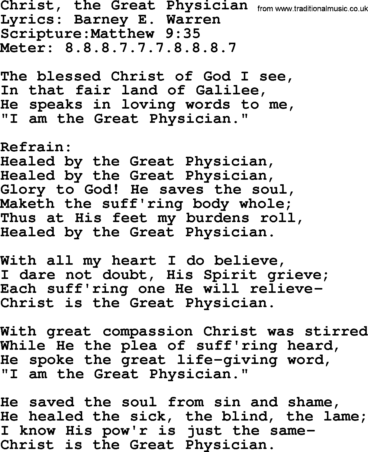 Hymns about  Angels, Hymn: Christ, the Great Physician, lyrics, sheet music, midi & Mp3 music with PDF