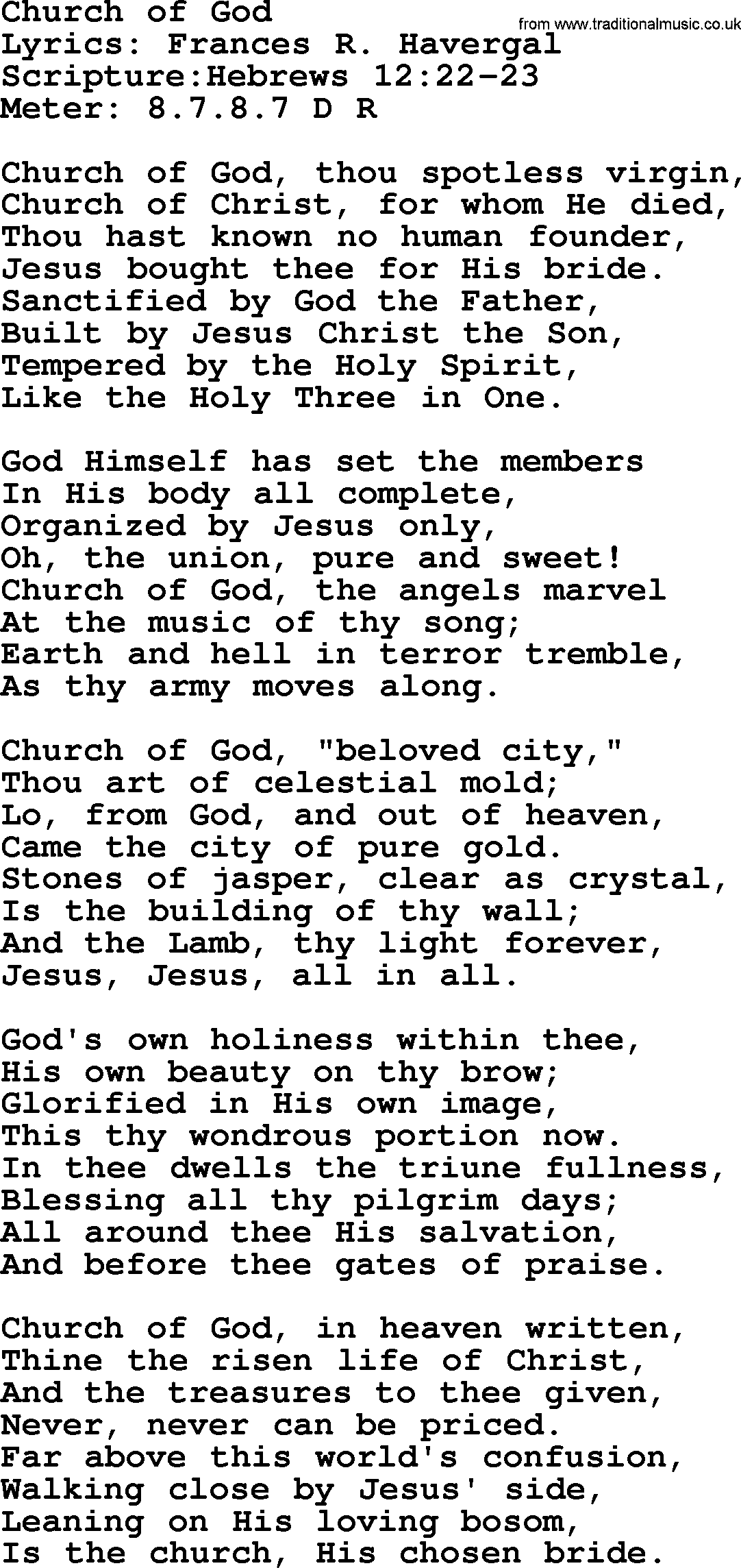 Hymns about  Angels, Hymn: Church of God, lyrics, sheet music, midi & Mp3 music with PDF