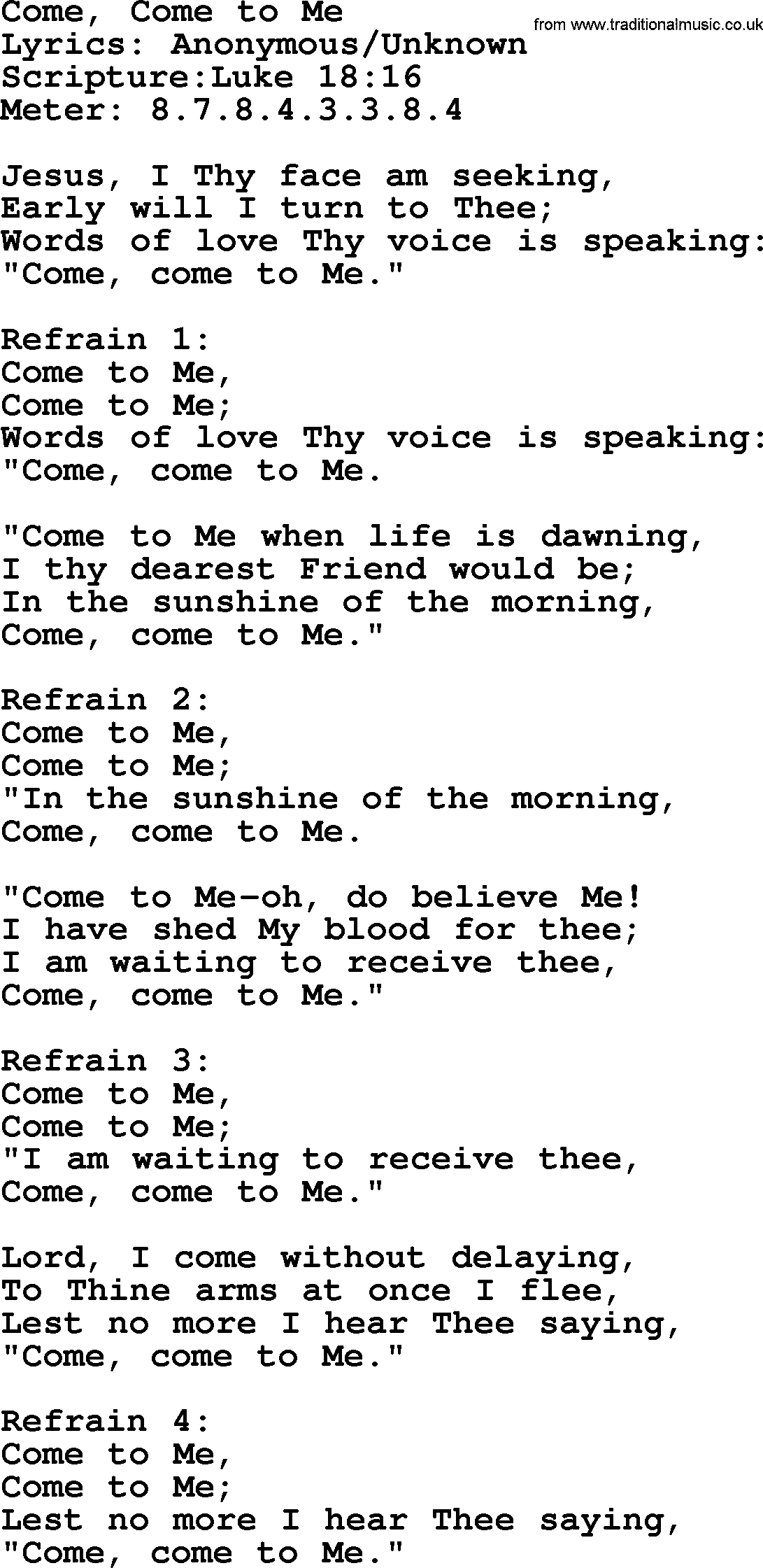 Hymns about  Angels, Hymn: Come, Come to Me, lyrics, sheet music, midi & Mp3 music with PDF