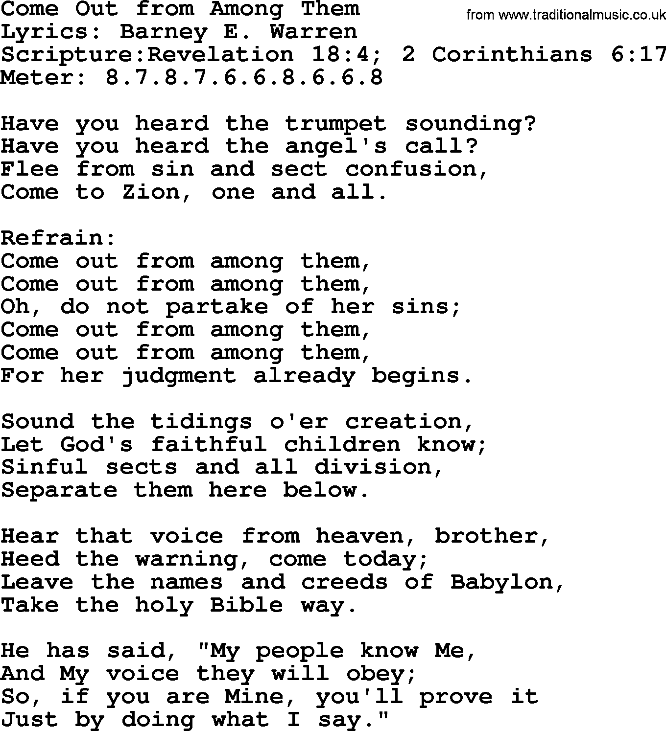 Hymns about  Angels, Hymn: Come Out from Among Them, lyrics, sheet music, midi & Mp3 music with PDF
