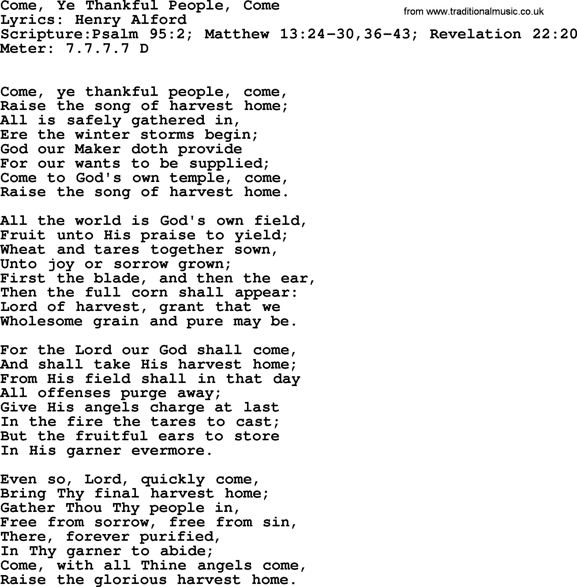 Hymns about  Angels, Hymn: Come, Ye Thankful People, Come, lyrics, sheet music, midi & Mp3 music with PDF