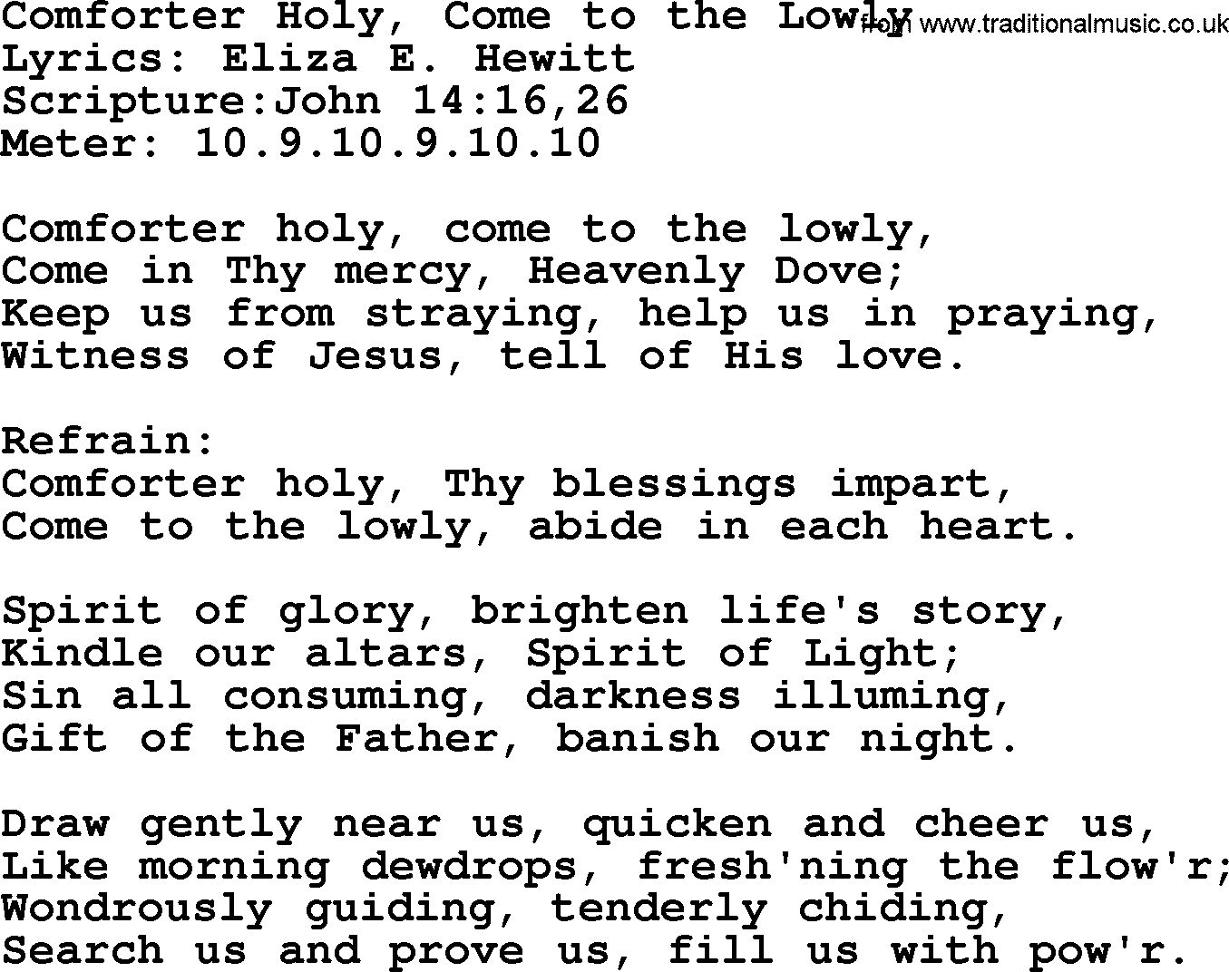 Hymns about  Angels, Hymn: Comforter Holy, Come to the Lowly, lyrics, sheet music, midi & Mp3 music with PDF