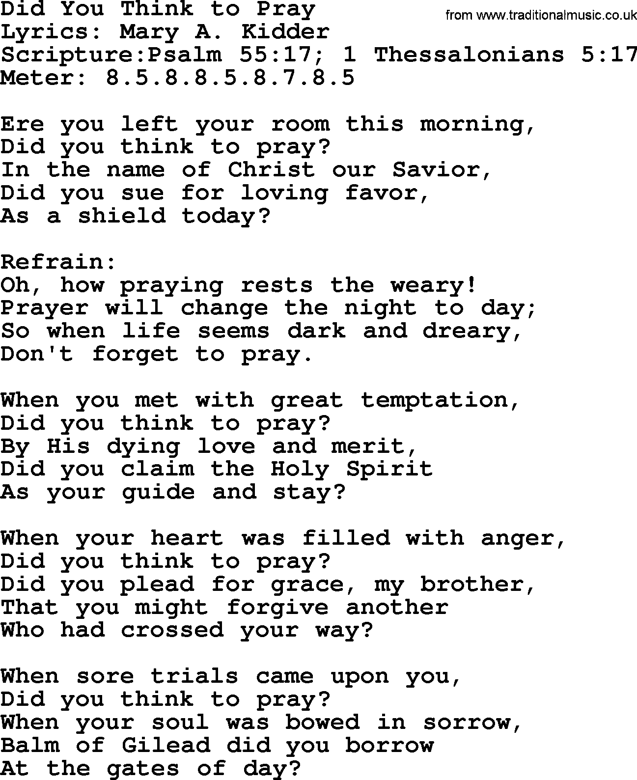 Hymns about  Angels, Hymn: Did You Think to Pray, lyrics, sheet music, midi & Mp3 music with PDF