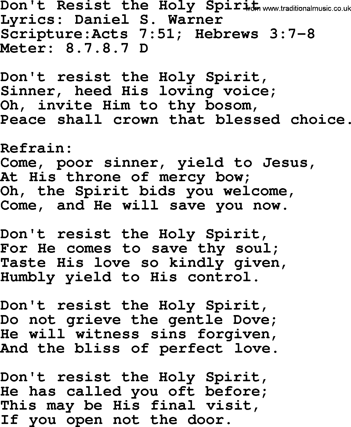 Hymns about  Angels, Hymn: Don't Resist the Holy Spirit, lyrics, sheet music, midi & Mp3 music with PDF