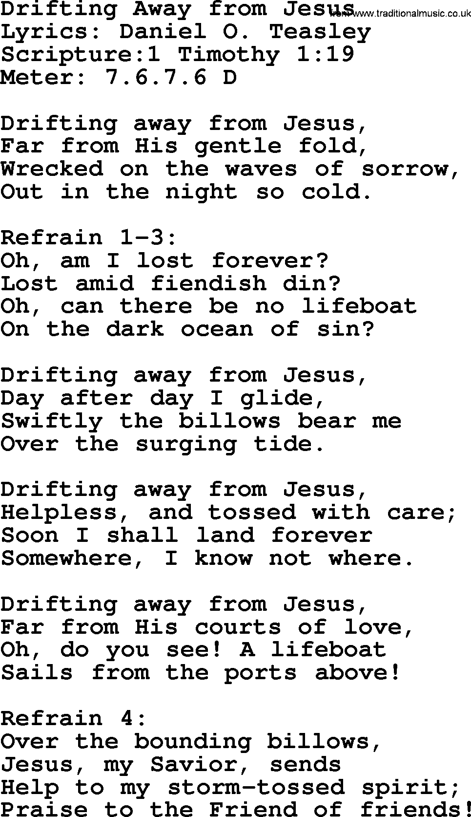 Hymns about  Angels, Hymn: Drifting Away from Jesus, lyrics, sheet music, midi & Mp3 music with PDF