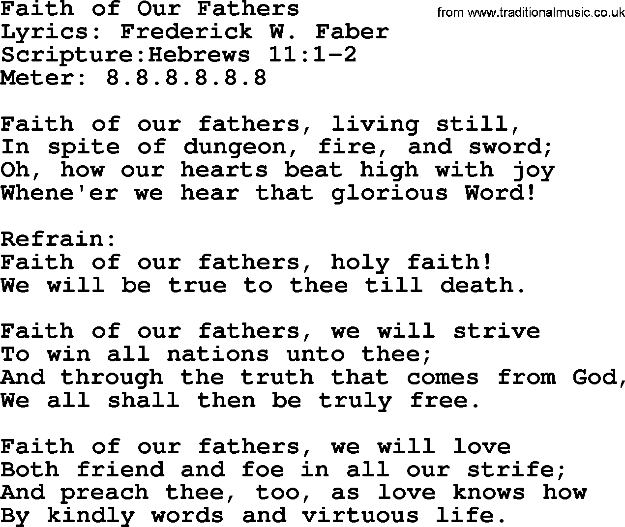 Hymns about  Angels, Hymn: Faith of Our Fathers, lyrics, sheet music, midi & Mp3 music with PDF