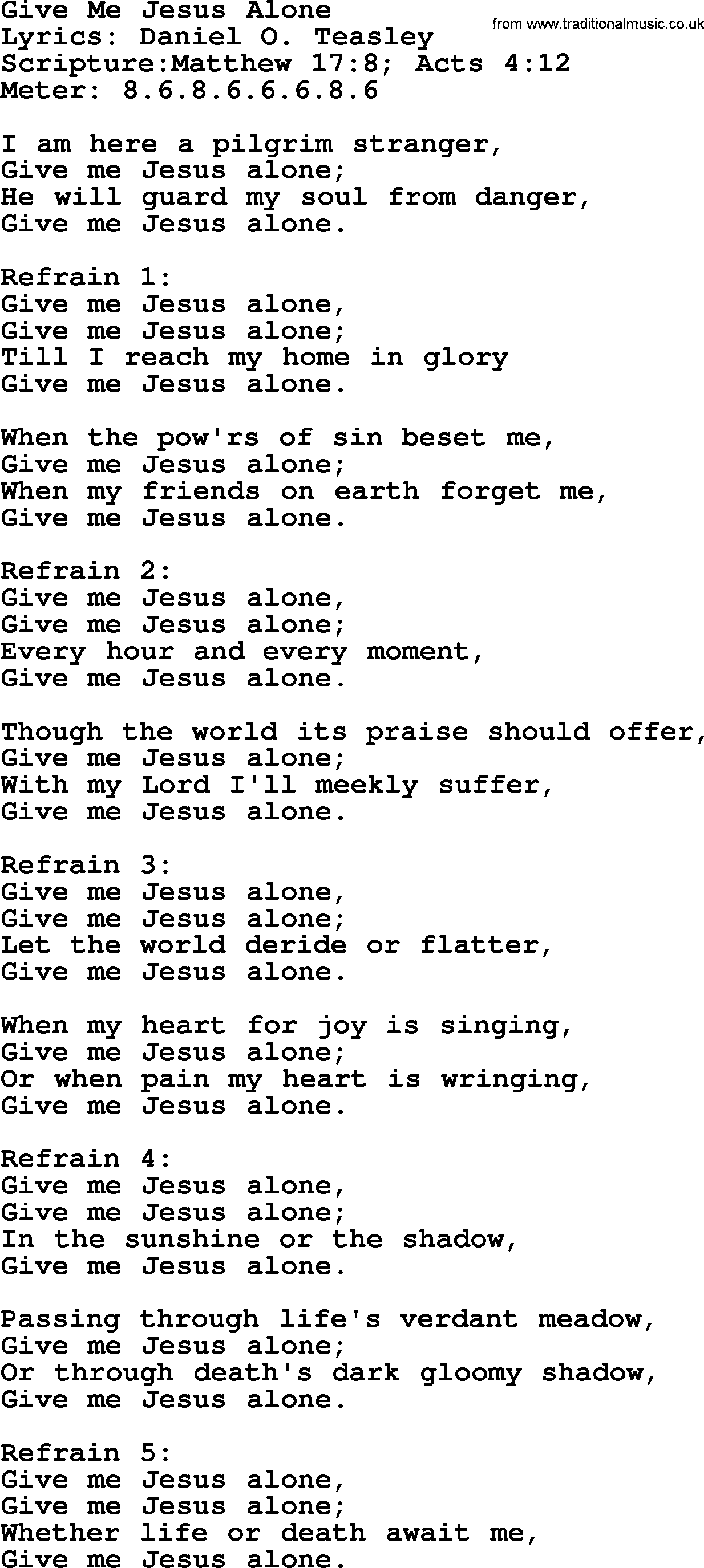 Hymns about  Angels, Hymn: Give Me Jesus Alone, lyrics, sheet music, midi & Mp3 music with PDF