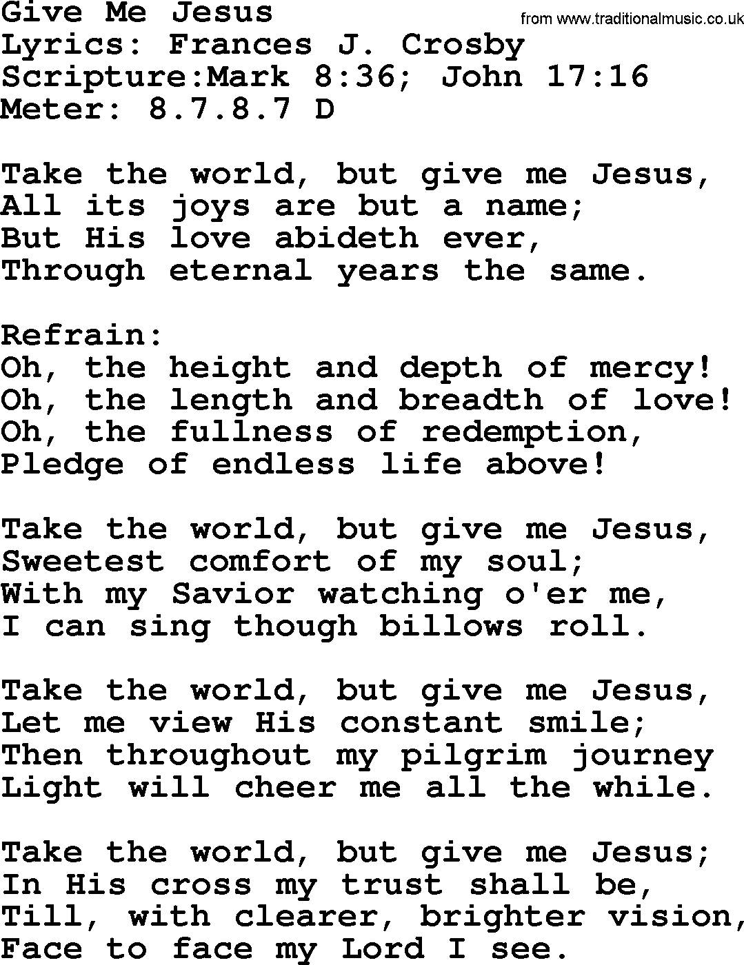 Hymns about  Angels, Hymn: Give Me Jesus, lyrics, sheet music, midi & Mp3 music with PDF