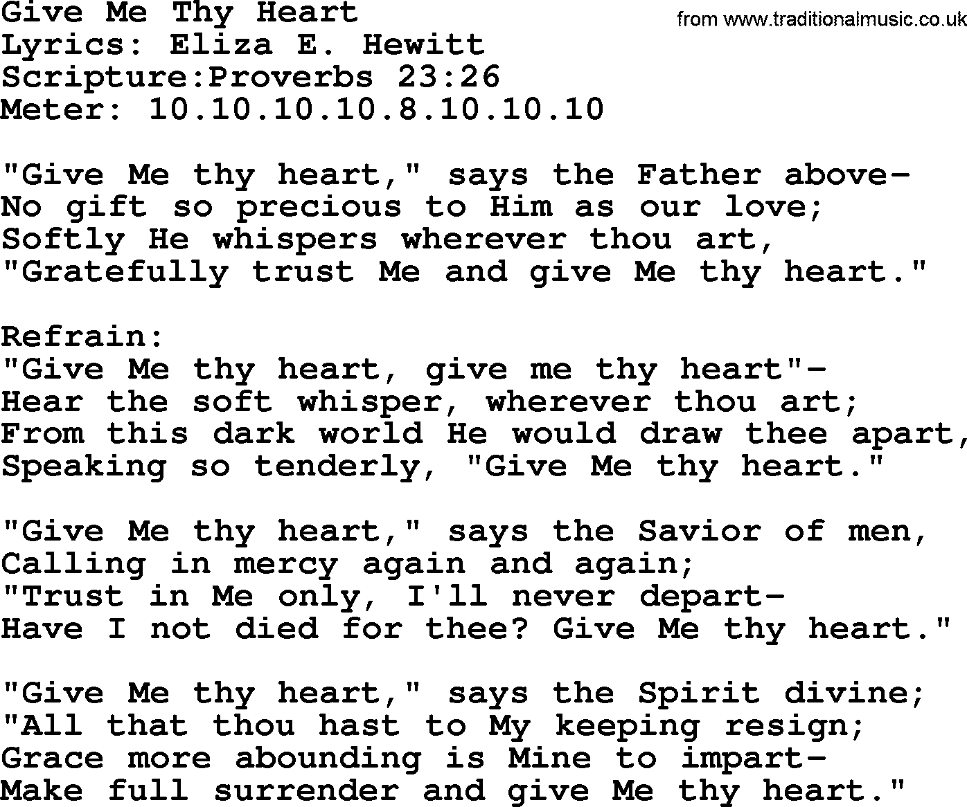 Hymns about  Angels, Hymn: Give Me Thy Heart, lyrics, sheet music, midi & Mp3 music with PDF