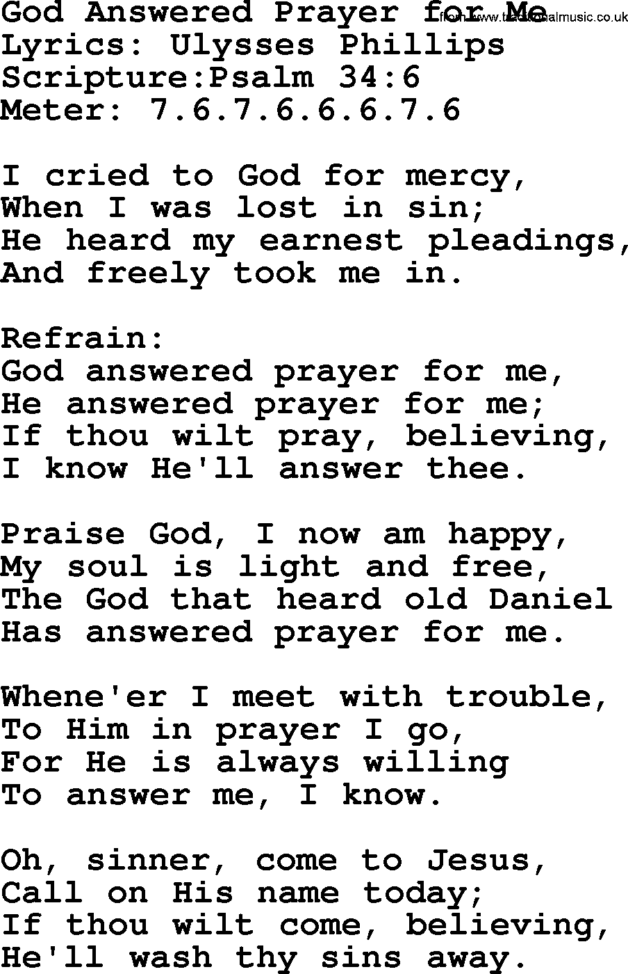 Hymns about  Angels, Hymn: God Answered Prayer for Me, lyrics, sheet music, midi & Mp3 music with PDF