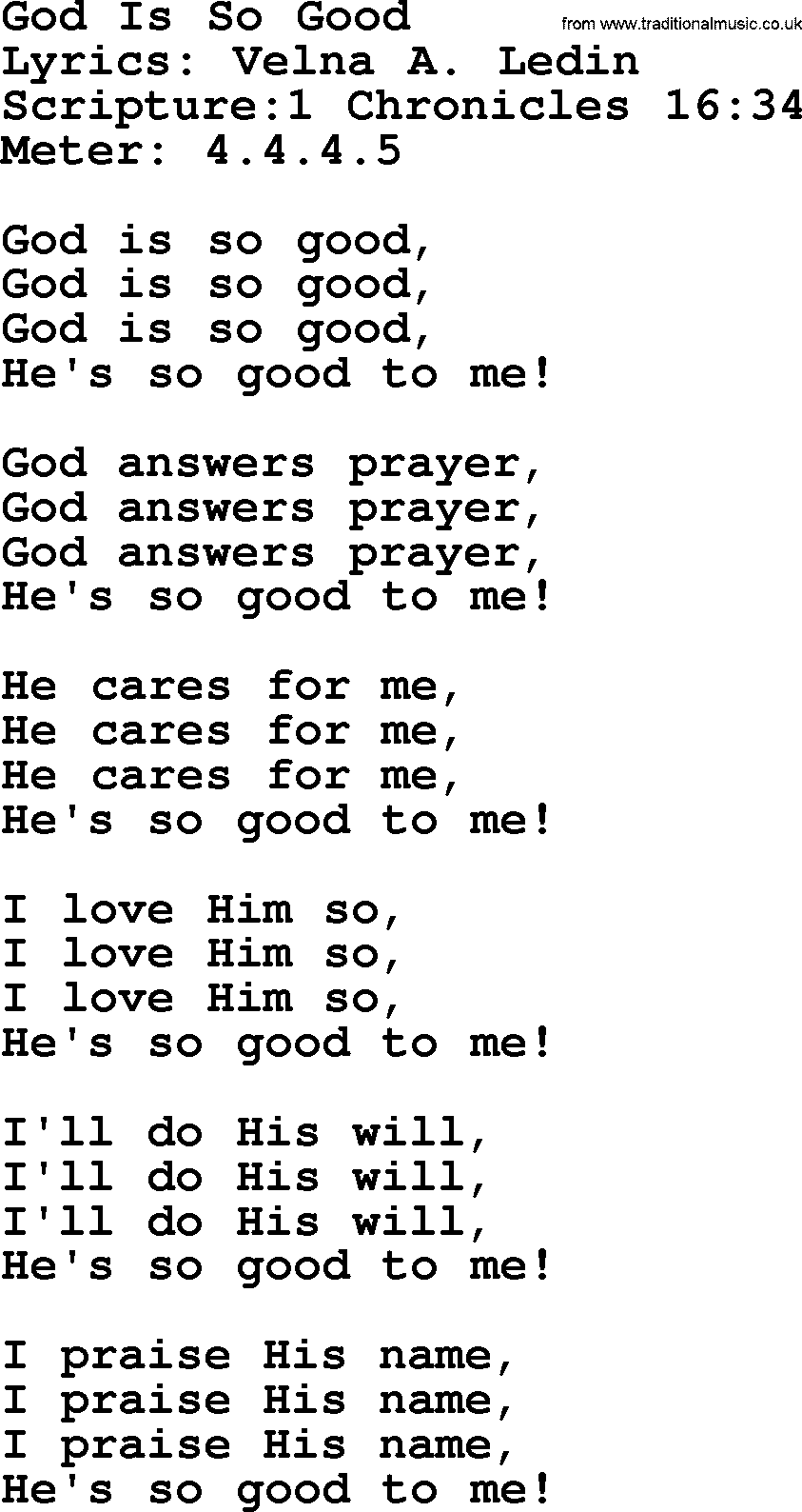 Hymns about  Angels, Hymn: God Is So Good, lyrics, sheet music, midi & Mp3 music with PDF
