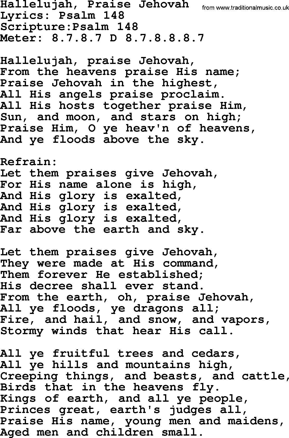 Hymns about  Angels, Hymn: Hallelujah, Praise Jehovah, lyrics, sheet music, midi & Mp3 music with PDF