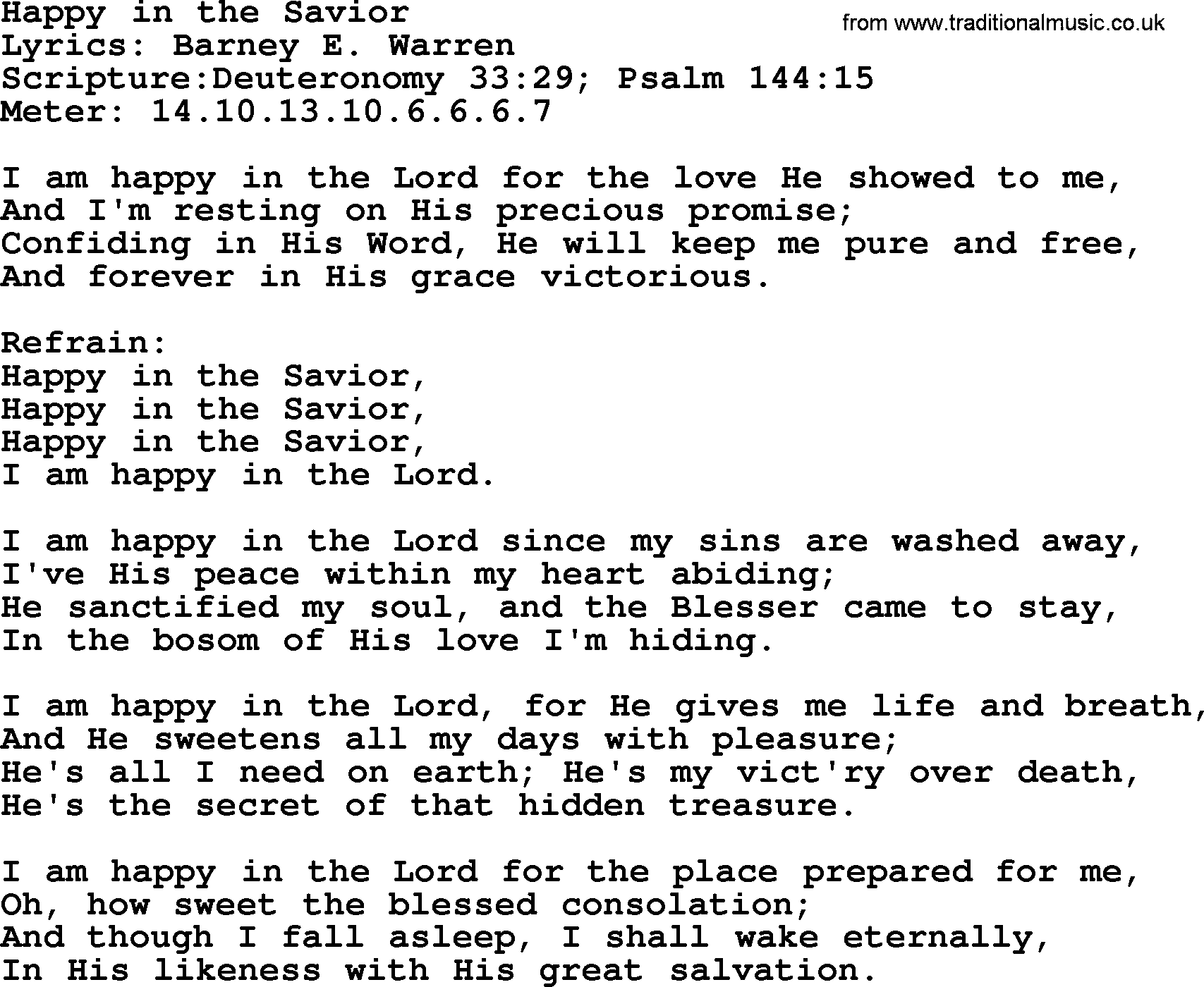 Hymns about  Angels, Hymn: Happy in the Savior, lyrics, sheet music, midi & Mp3 music with PDF