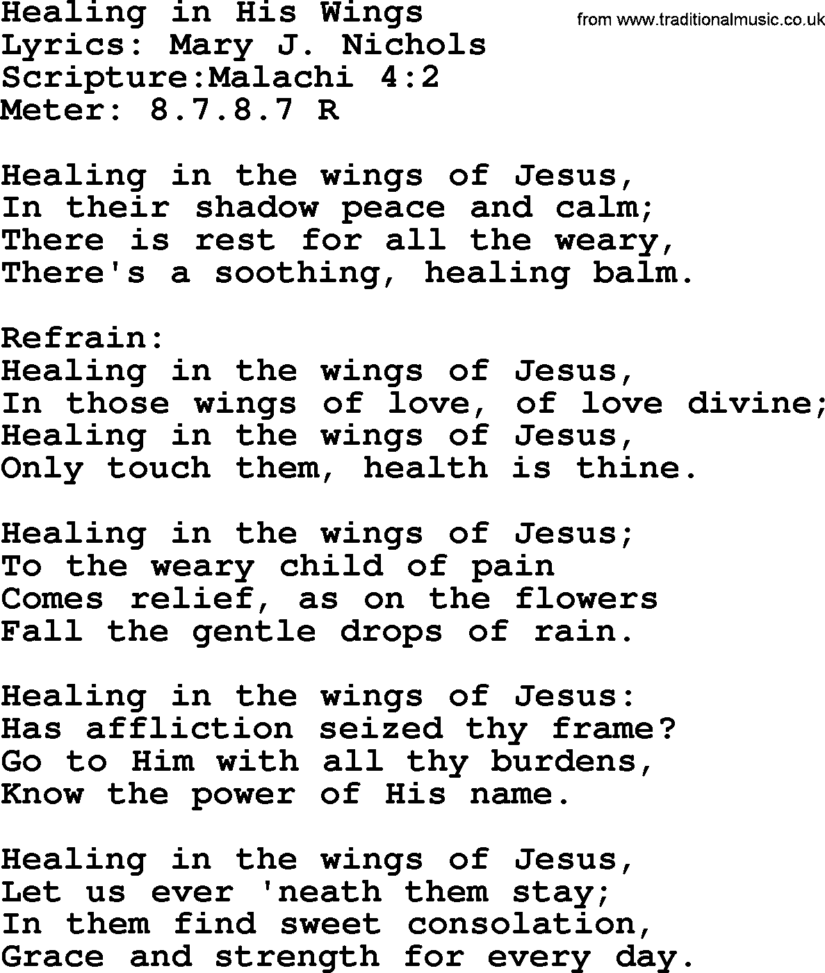 Hymns about  Angels, Hymn: Healing in His Wings, lyrics, sheet music, midi & Mp3 music with PDF
