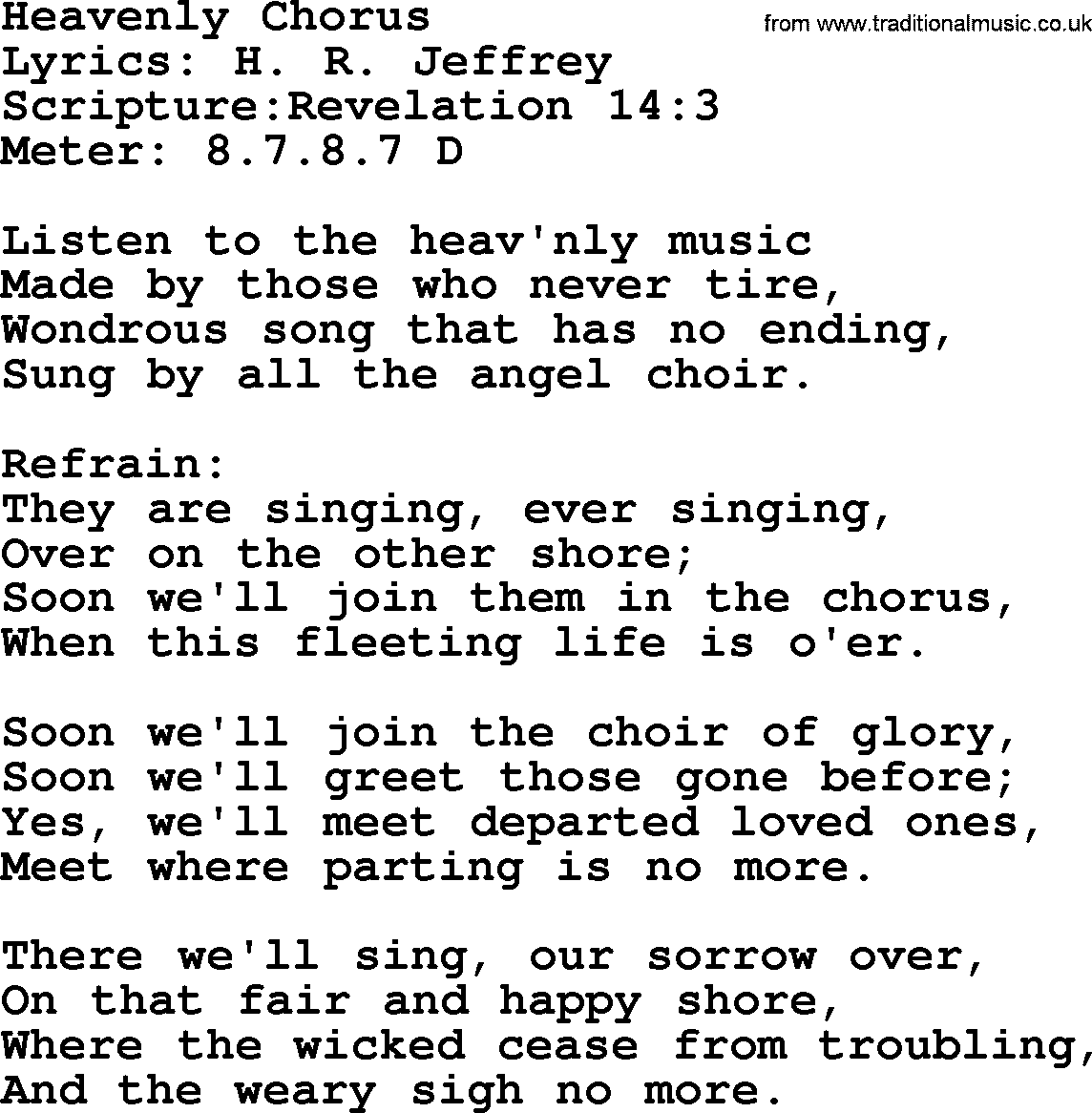 Hymns about  Angels, Hymn: Heavenly Chorus, lyrics, sheet music, midi & Mp3 music with PDF