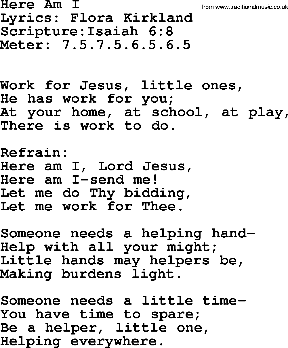 Hymns about  Angels, Hymn: Here Am I, lyrics, sheet music, midi & Mp3 music with PDF