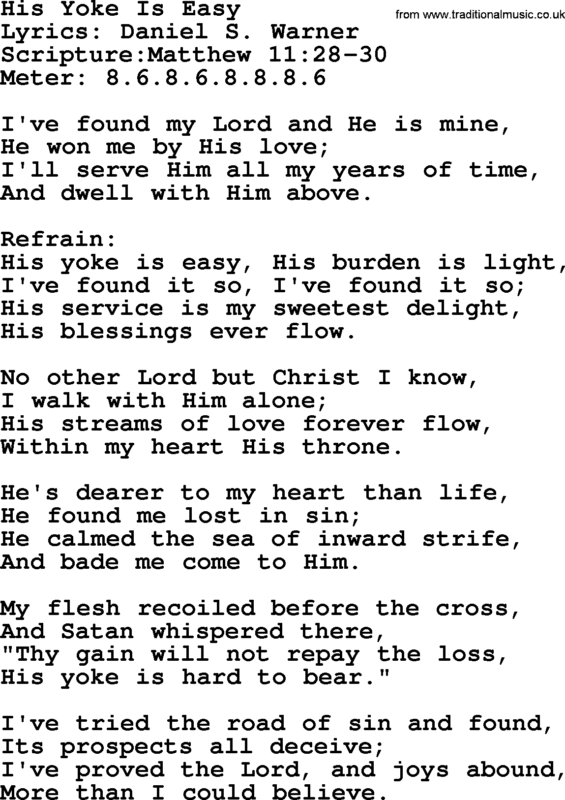 Hymns about  Angels, Hymn: His Yoke Is Easy, lyrics, sheet music, midi & Mp3 music with PDF