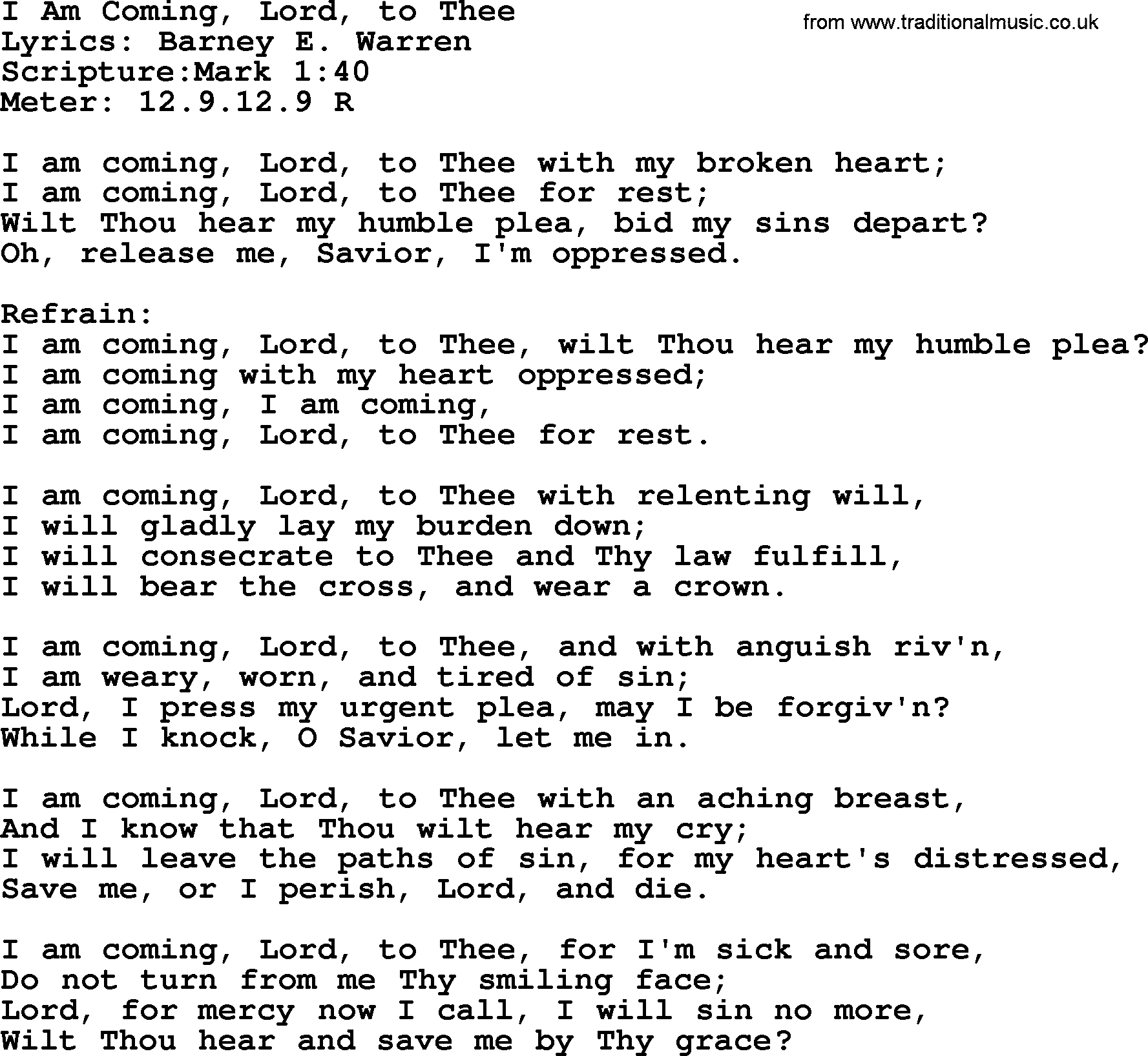 Hymns about  Angels, Hymn: I Am Coming, Lord, to Thee, lyrics, sheet music, midi & Mp3 music with PDF