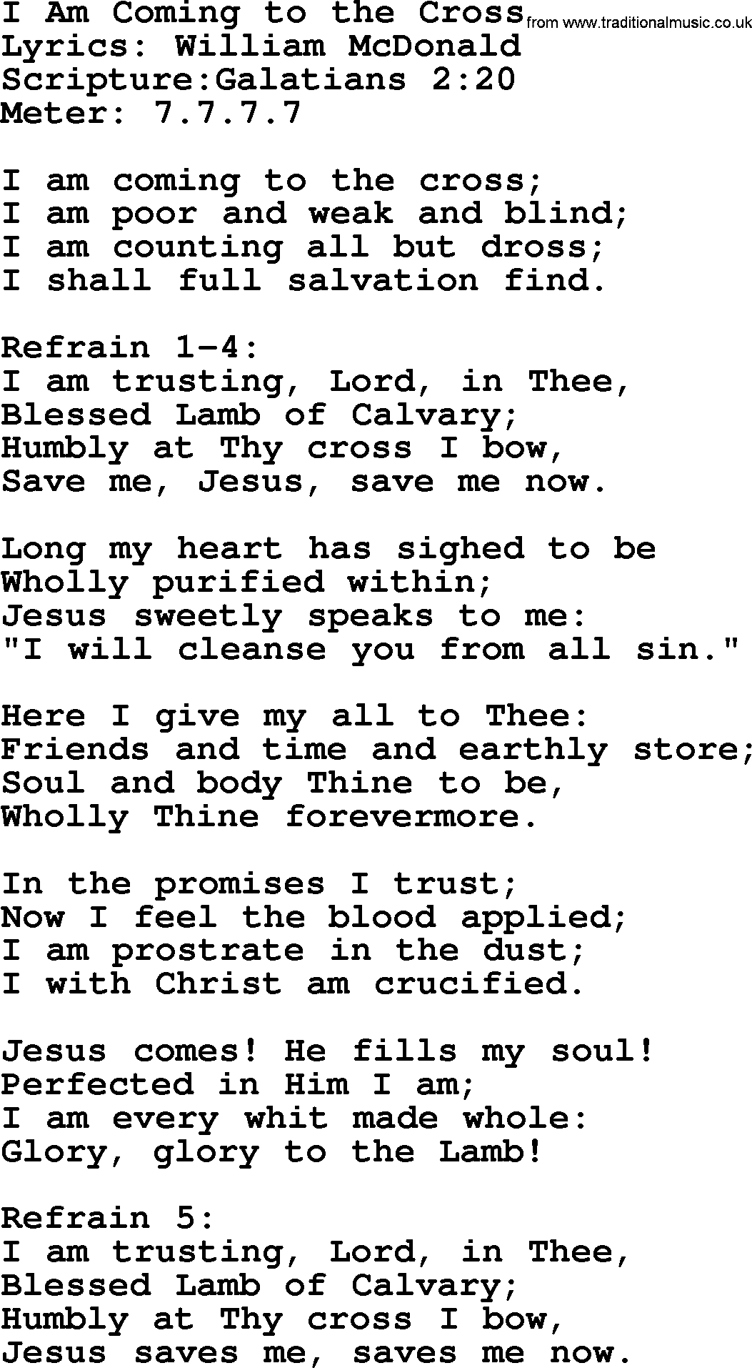 Hymns about  Angels, Hymn: I Am Coming to the Cross, lyrics, sheet music, midi & Mp3 music with PDF