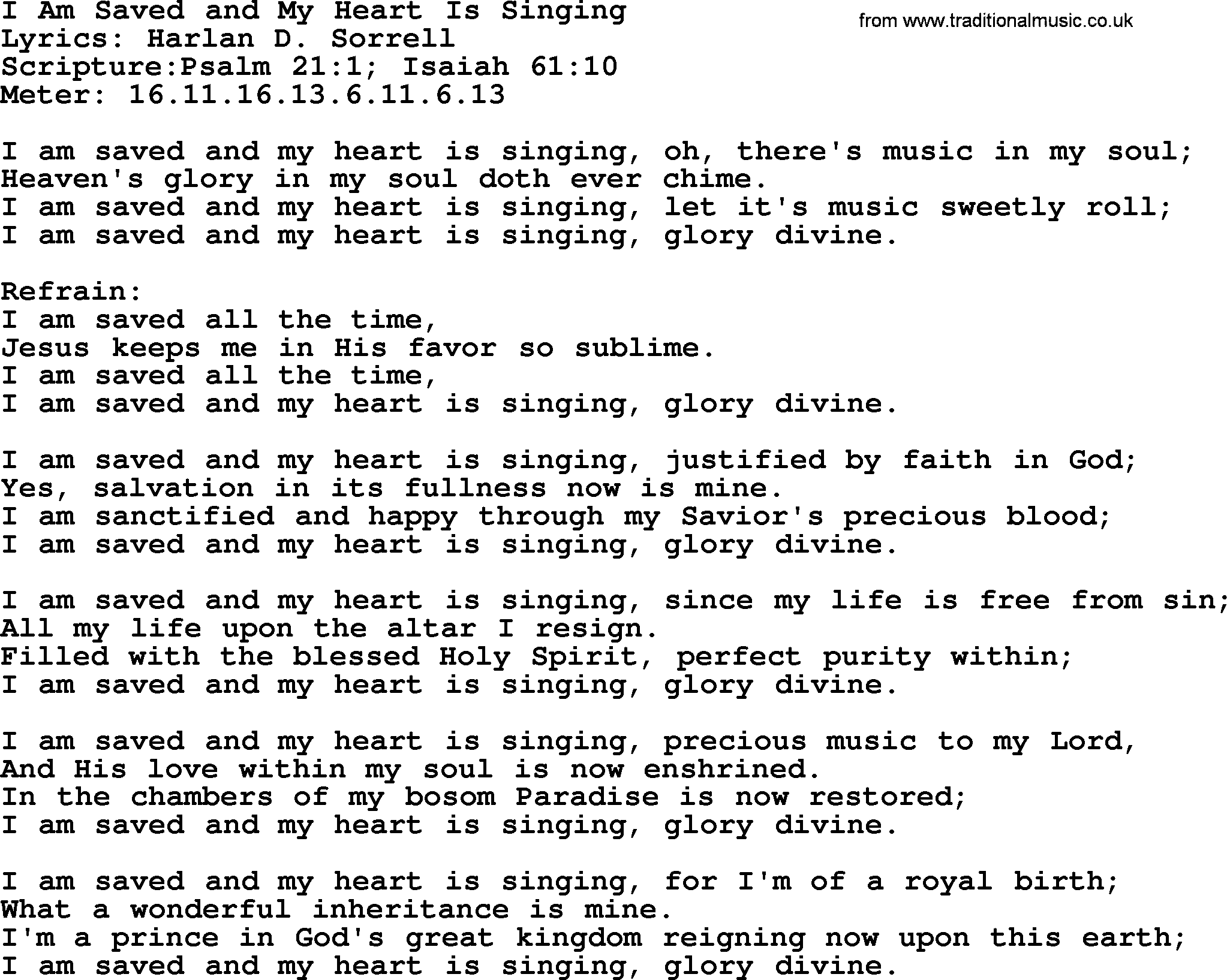 Hymns about  Angels, Hymn: I Am Saved and My Heart Is Singing, lyrics, sheet music, midi & Mp3 music with PDF
