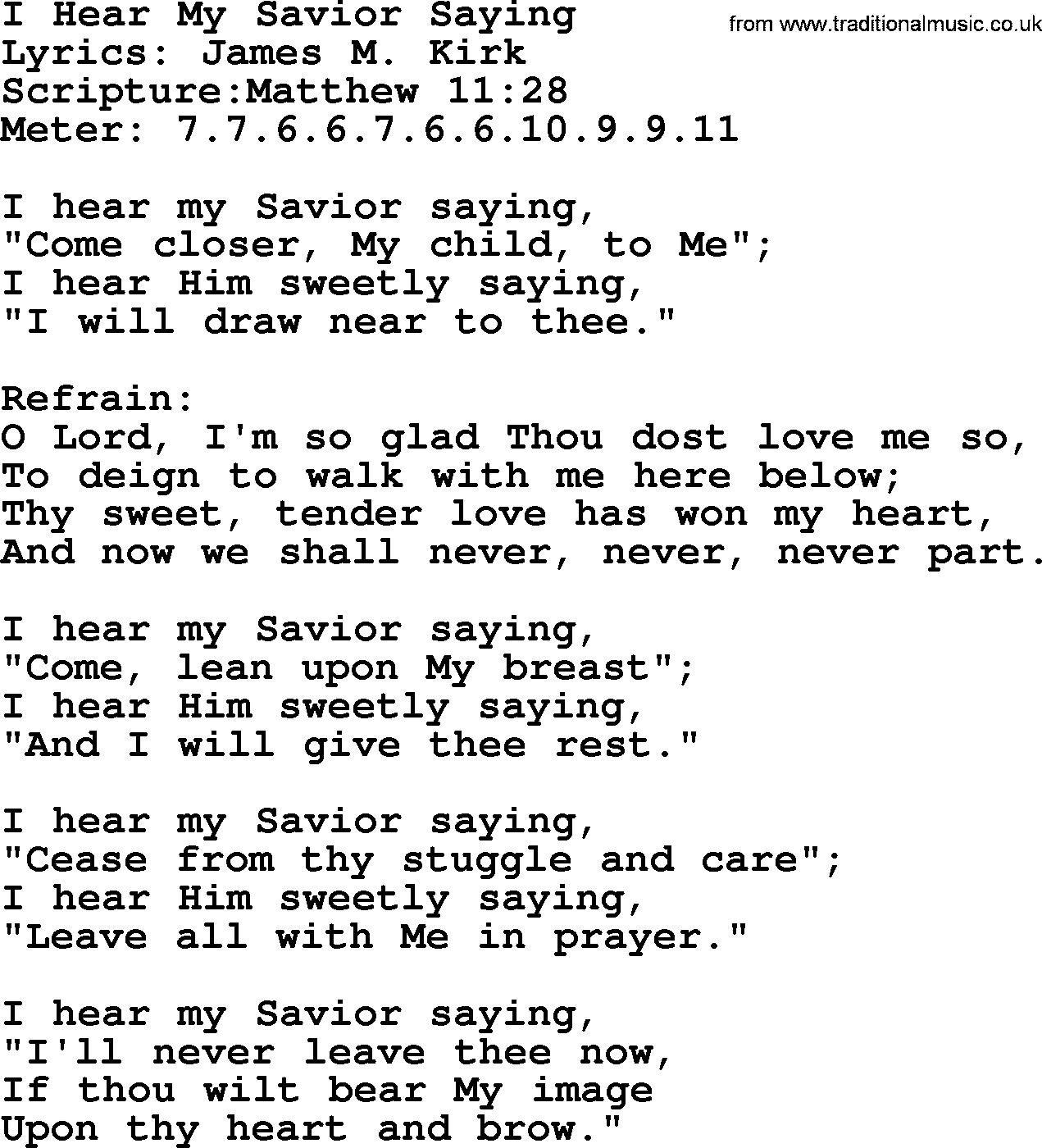 Hymns about  Angels, Hymn: I Hear My Savior Saying, lyrics, sheet music, midi & Mp3 music with PDF